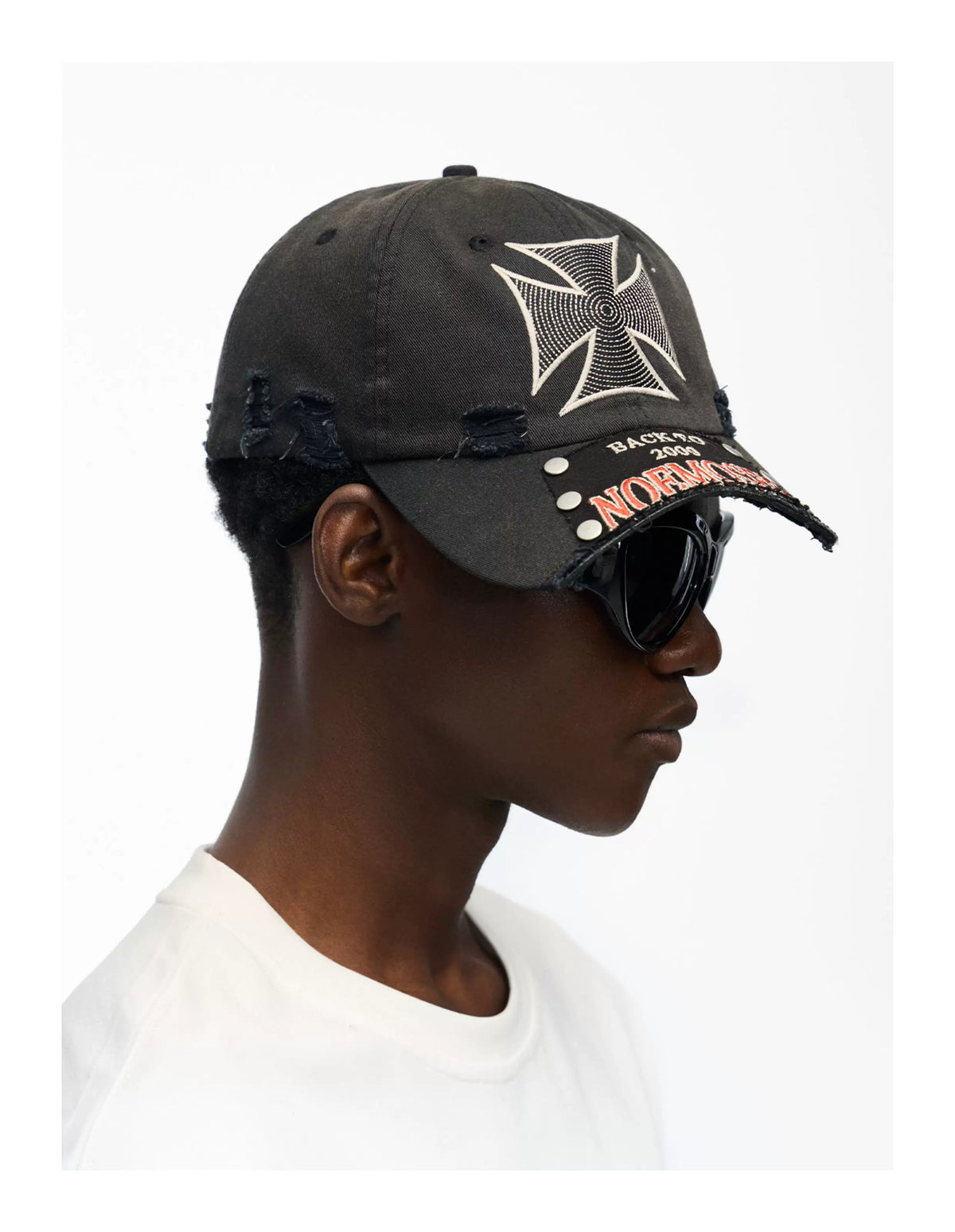 noEmosen Iron Cross Studded Distressed Washed Cap - Washed Black worn side view