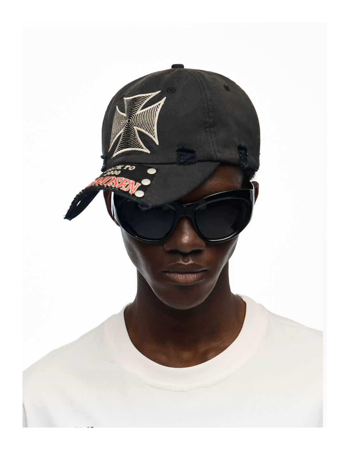 noEmosen Iron Cross Studded Distressed Washed Cap - Washed Black worn front