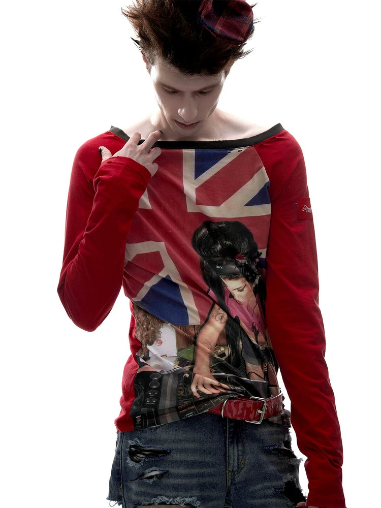 Union Jack DJ Girl Print Raglan Long Sleeve Tee - Red front on model