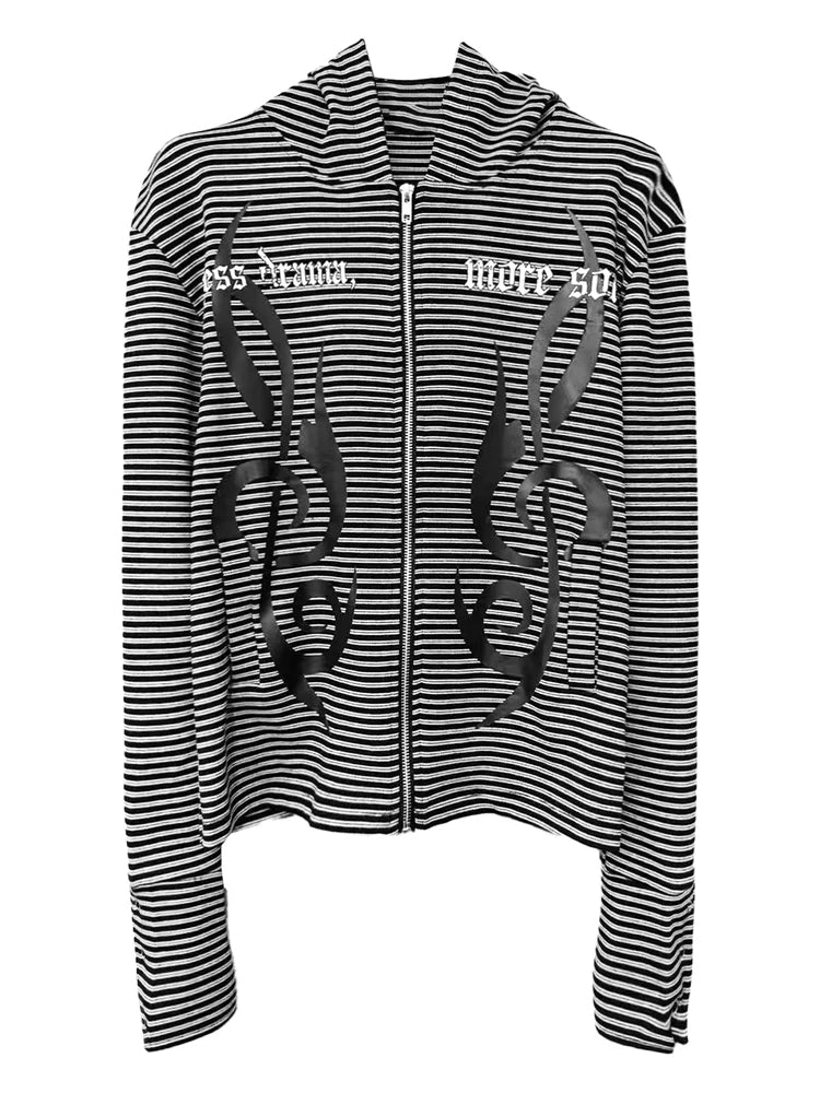 Gothic Music Note Striped Zip-Up Hoodie - Black/White front