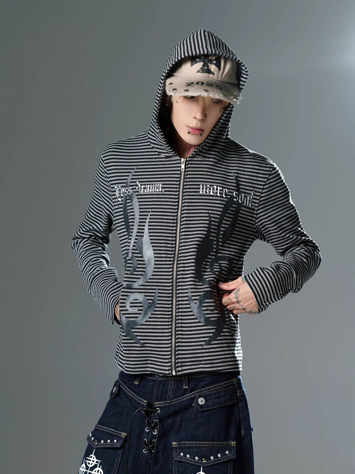 Gothic Music Note Striped Zip-Up Hoodie - model front