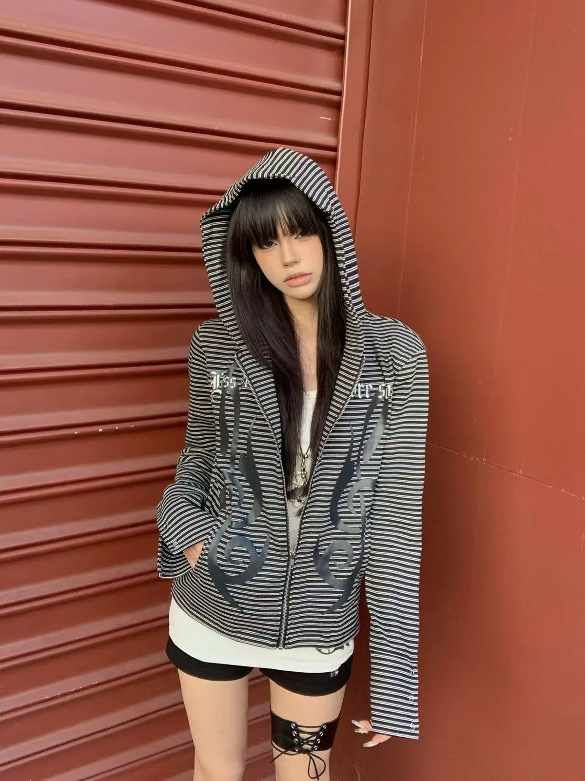 Gothic Music Note Striped Zip-Up Hoodie - hood up on model
