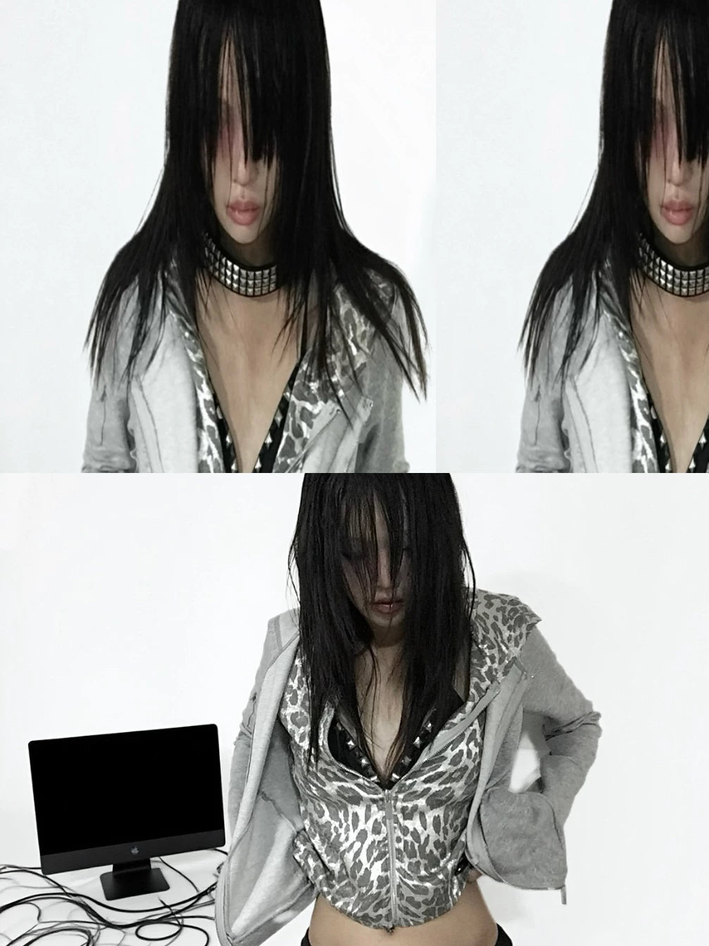 Silver Leopard Layered Zip-Up Hoodie - model front