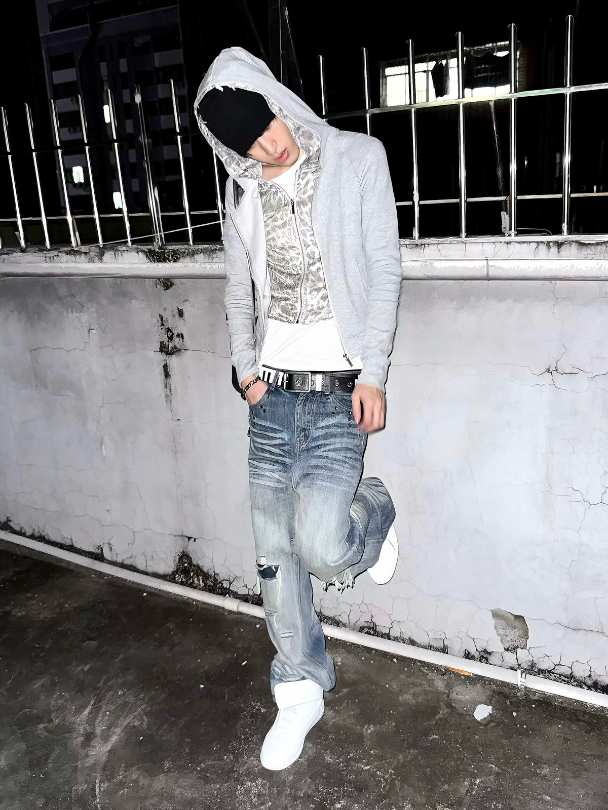 Silver Leopard Layered Zip-Up Hoodie - full outfit street look