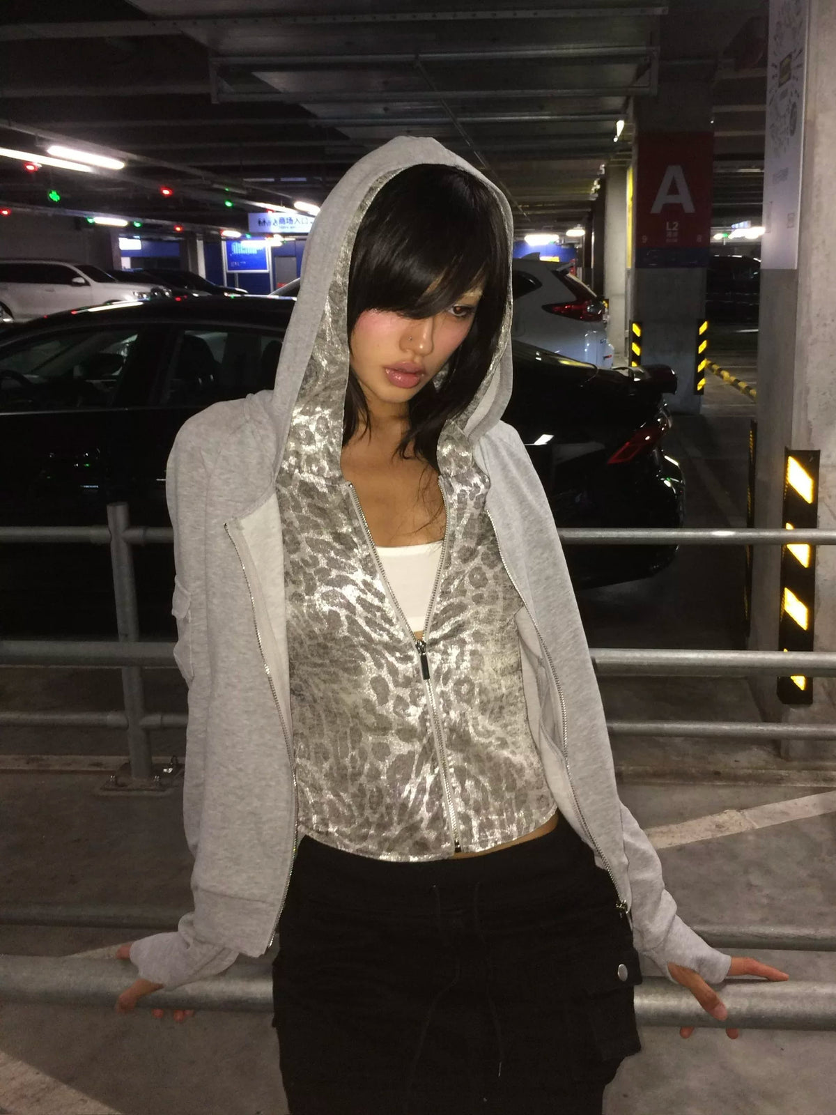 Silver Leopard Layered Zip-Up Hoodie - hood up front
