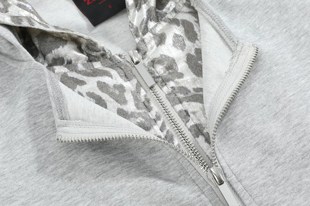 Silver Leopard Layered Zip-Up Hoodie - zipper and leopard lining close-up