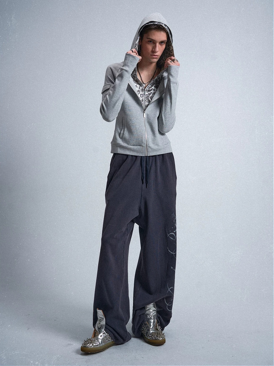 Silver Leopard Layered Zip-Up Hoodie - studio full look