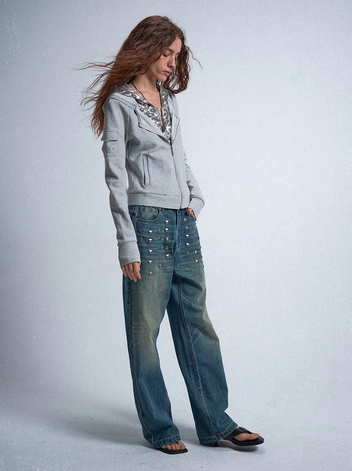 Silver Leopard Layered Zip-Up Hoodie - studio styled with denim