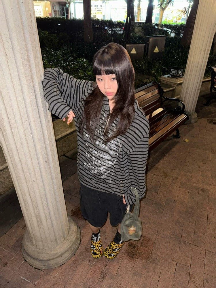 Striped Slogan Print Cropped Half-Zip Hoodie - Black grey stripe side view