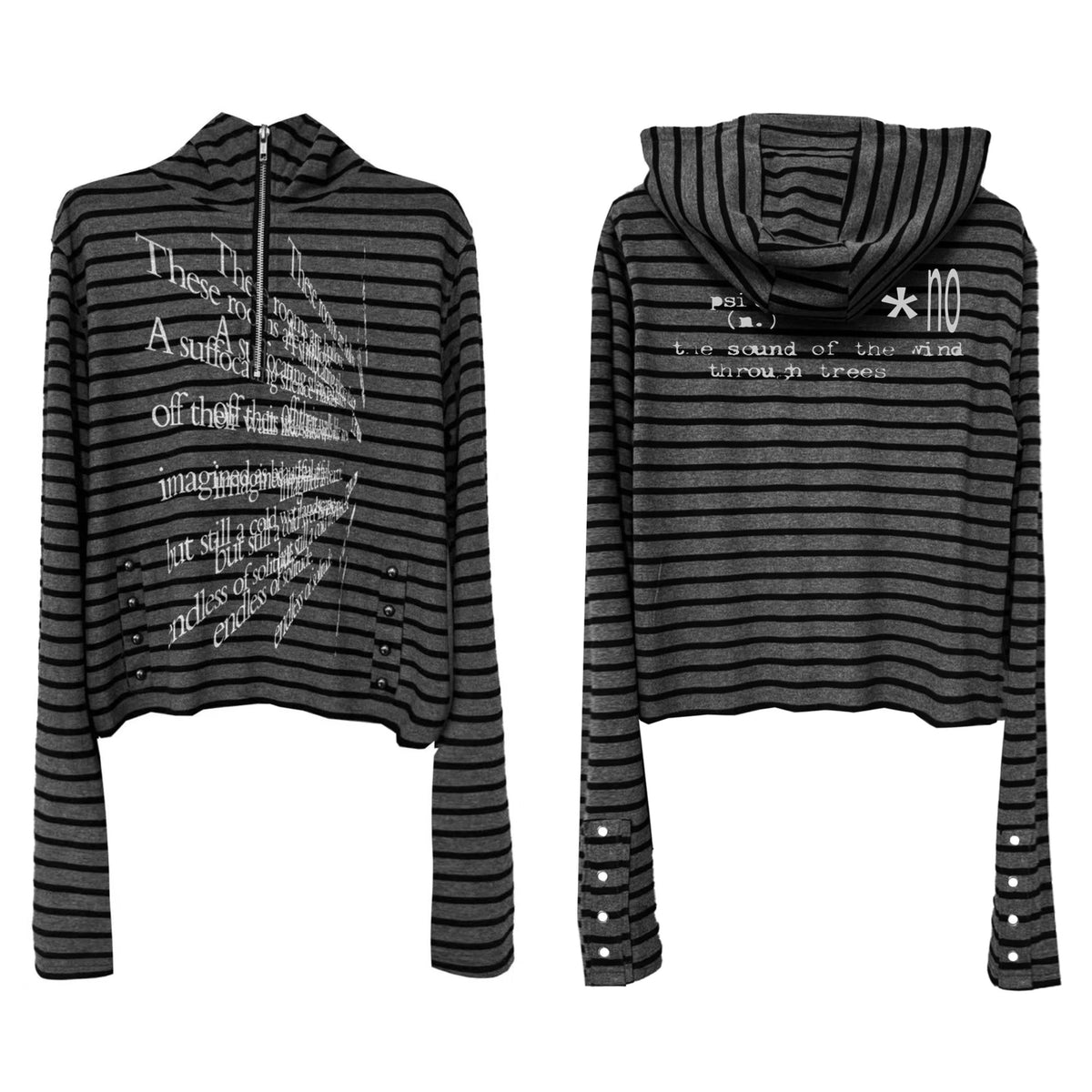 Striped Slogan Print Cropped Half-Zip Hoodie - Black grey stripe flat lay front and back