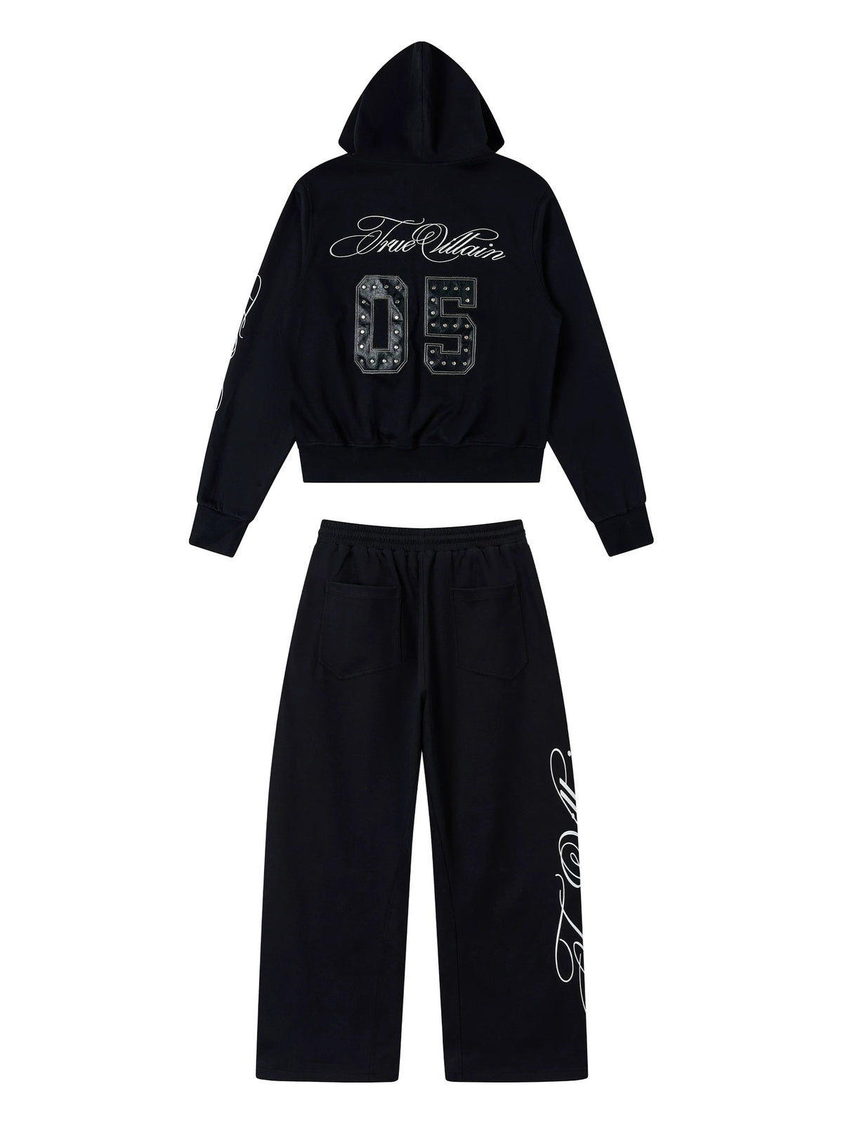 True Villain Studded Zip-Up Hoodie & Sweatpants - Black set back flat lay