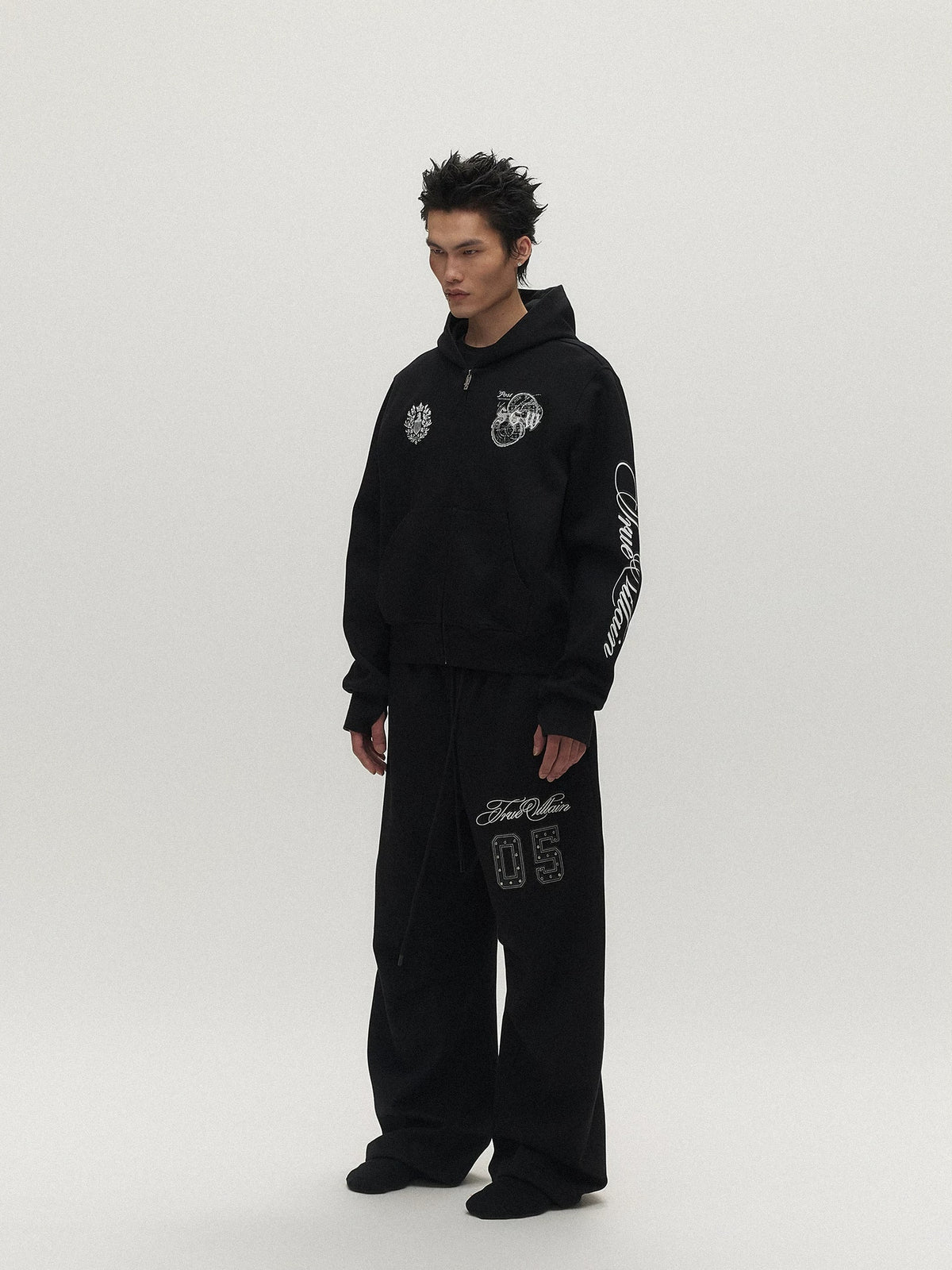 True Villain Studded Zip-Up Hoodie & Sweatpants - Black set front studio