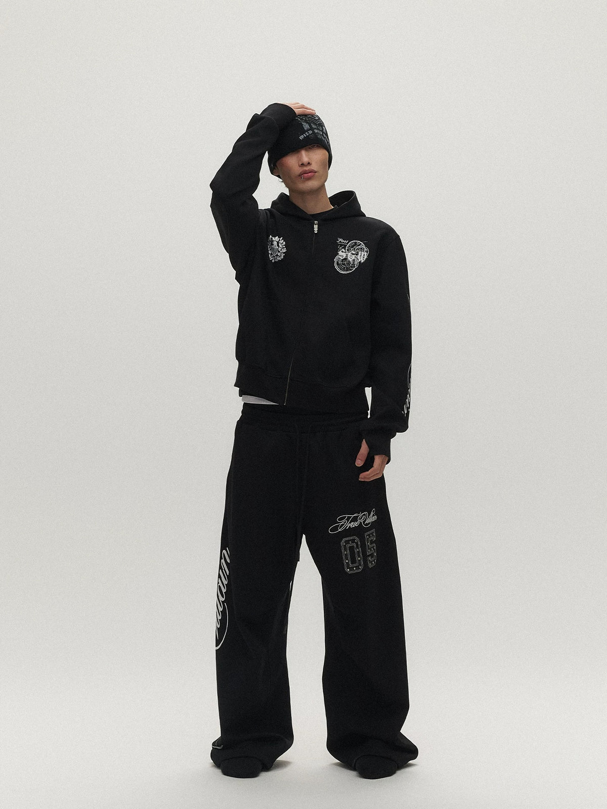 True Villain Studded Zip-Up Hoodie & Sweatpants - Black set front pose
