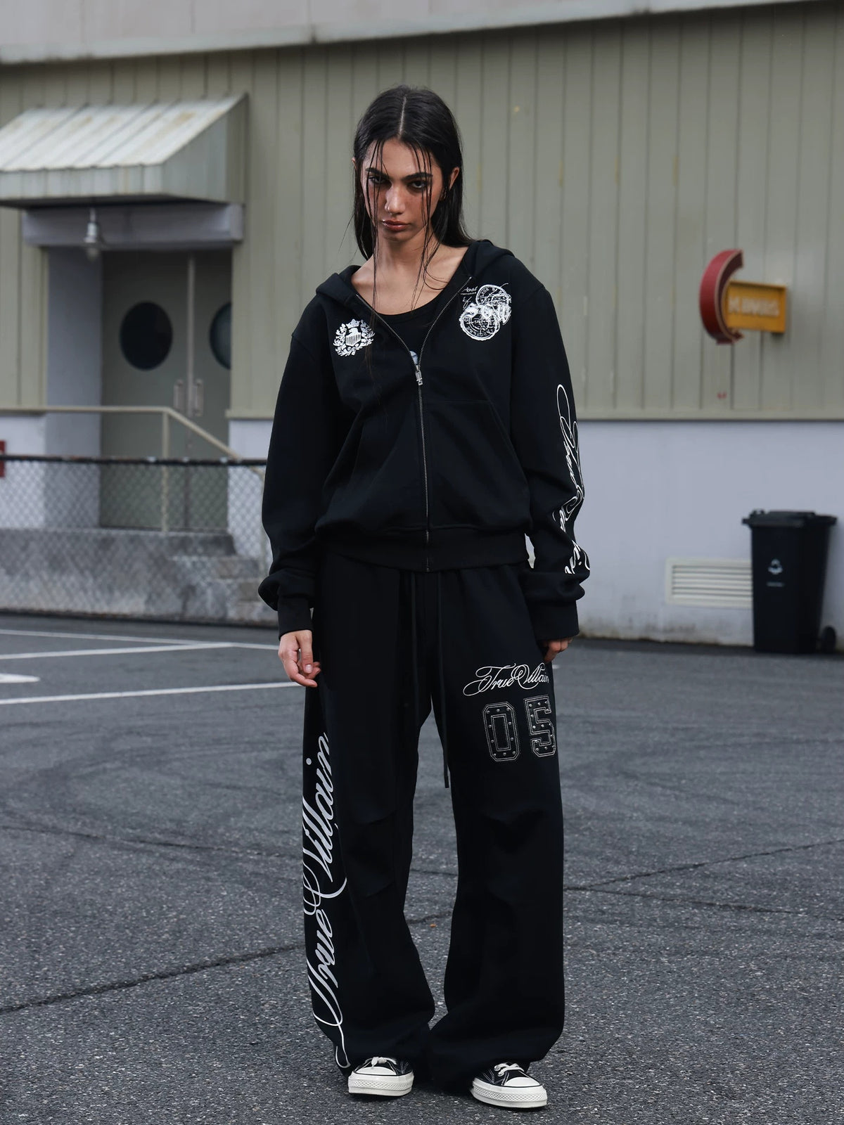 True Villain Studded Zip-Up Hoodie & Sweatpants - Black set street look