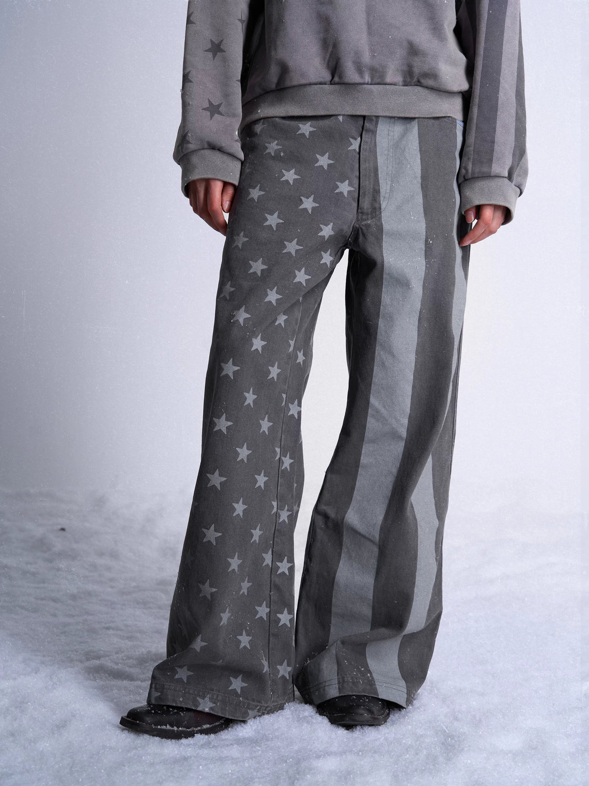Star Stripe Flag Print Washed Wide Leg Pants - front leg detail