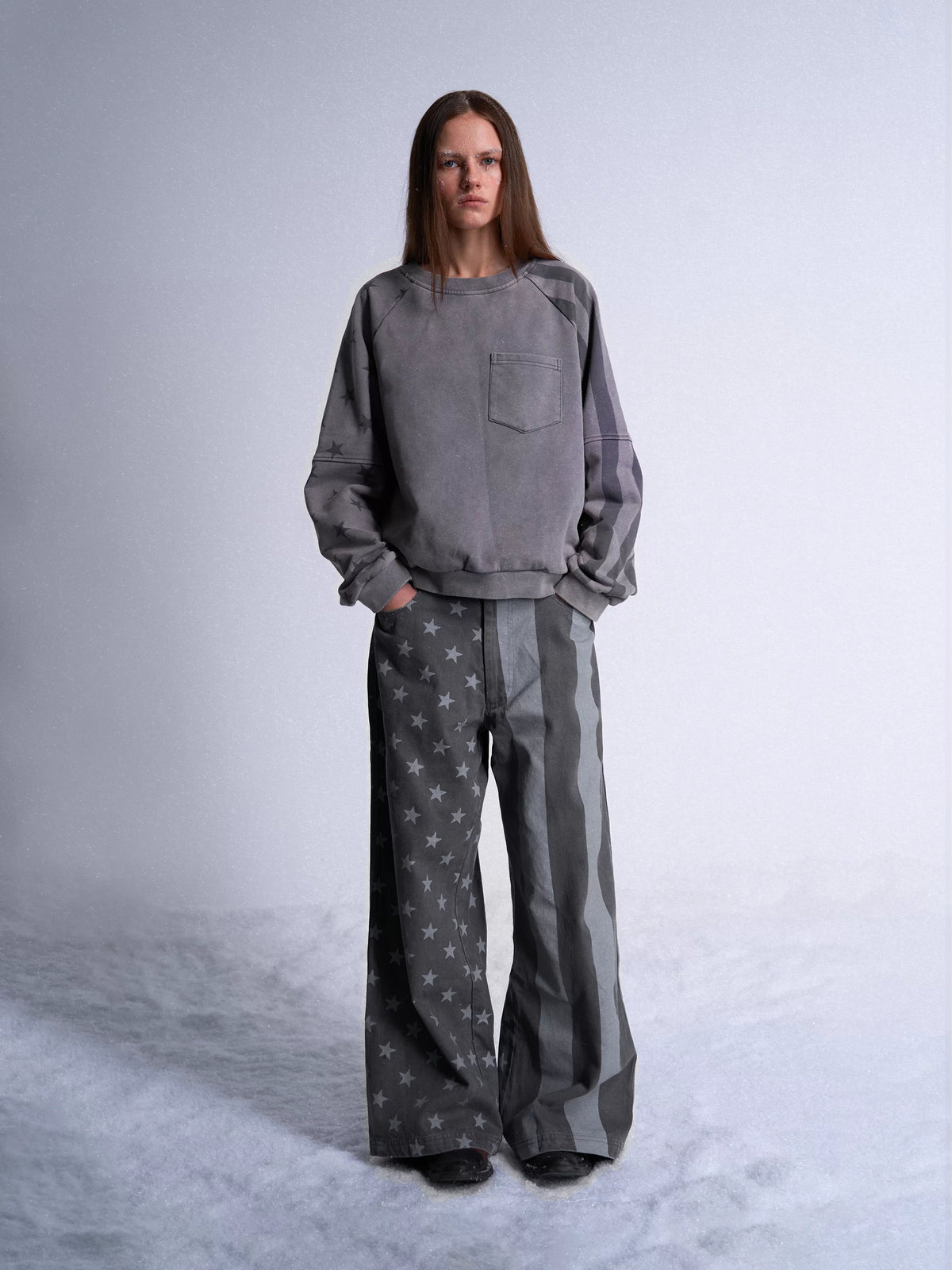 Star Stripe Flag Print Washed Wide Leg Pants - full look hands in pockets