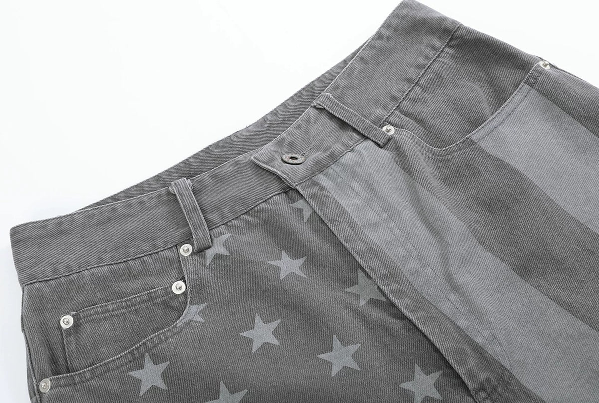 Star Stripe Flag Print Washed Wide Leg Pants - waistband and pocket detail