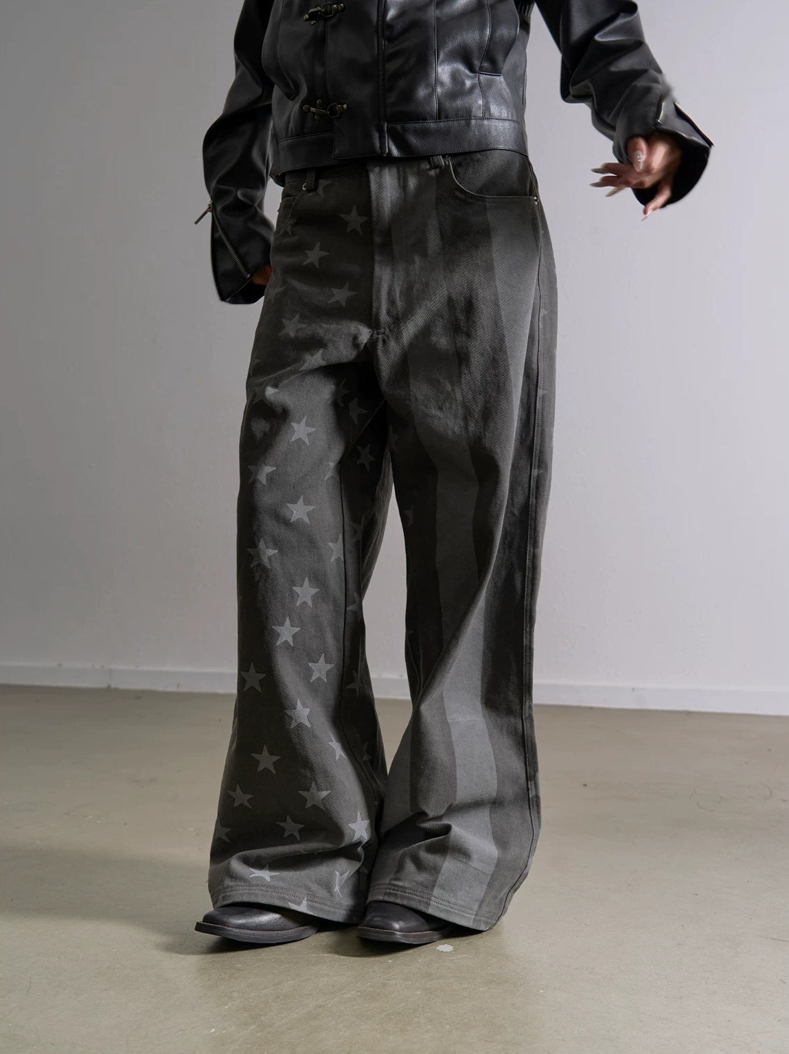 Star Stripe Flag Print Washed Wide Leg Pants - styled front close