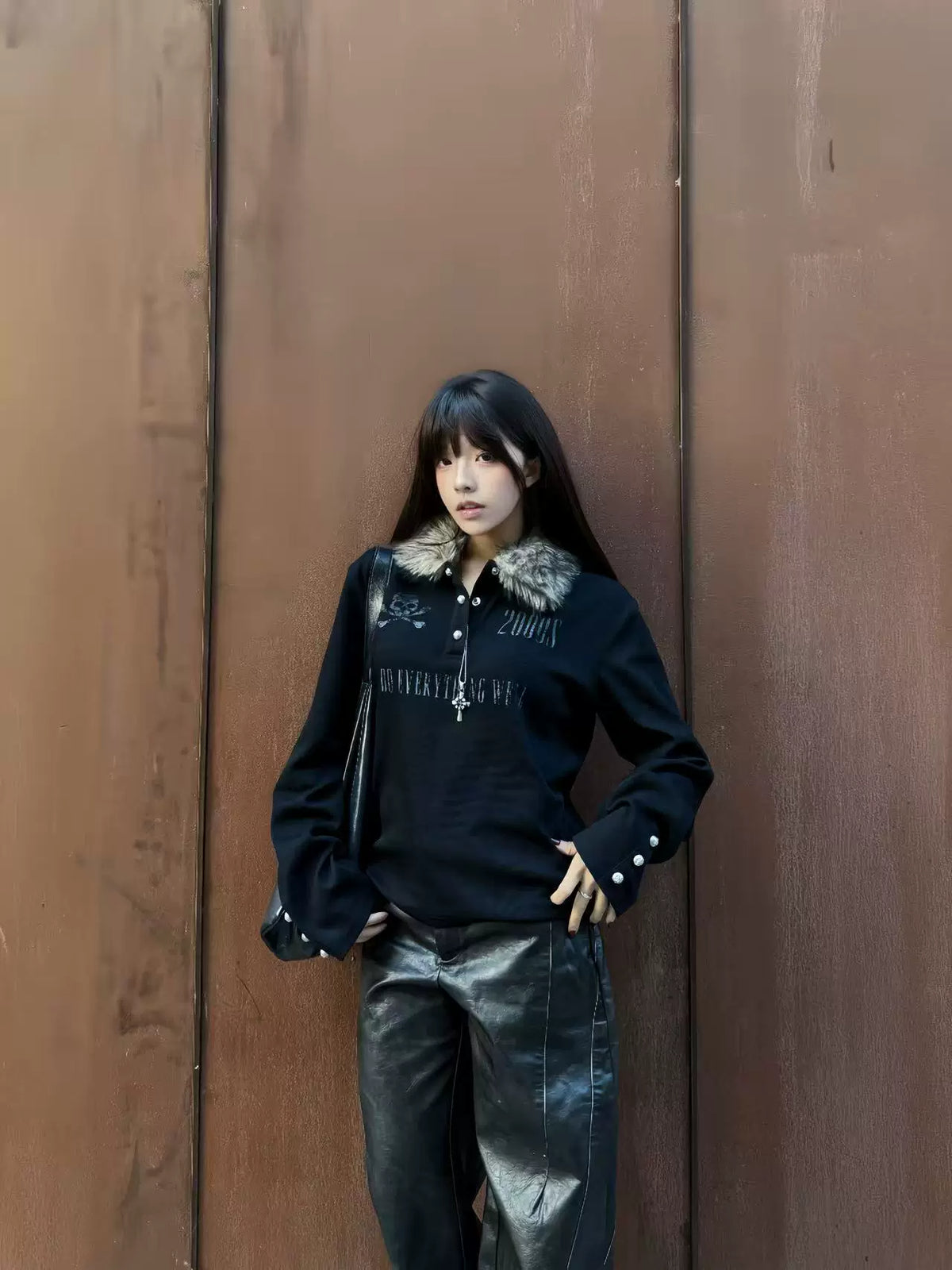 Faux Fur Collar Cropped Long Sleeve Polo - Black street look