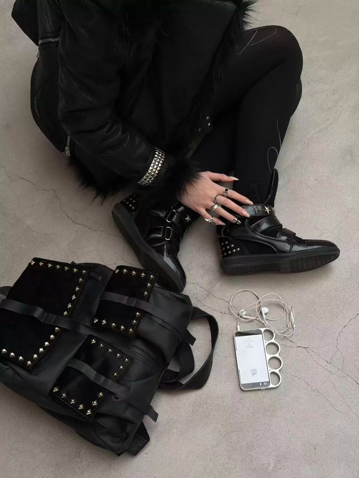 noEmosen Star Studded High-Top Wedge Sneakers - Black worn with studded backpack
