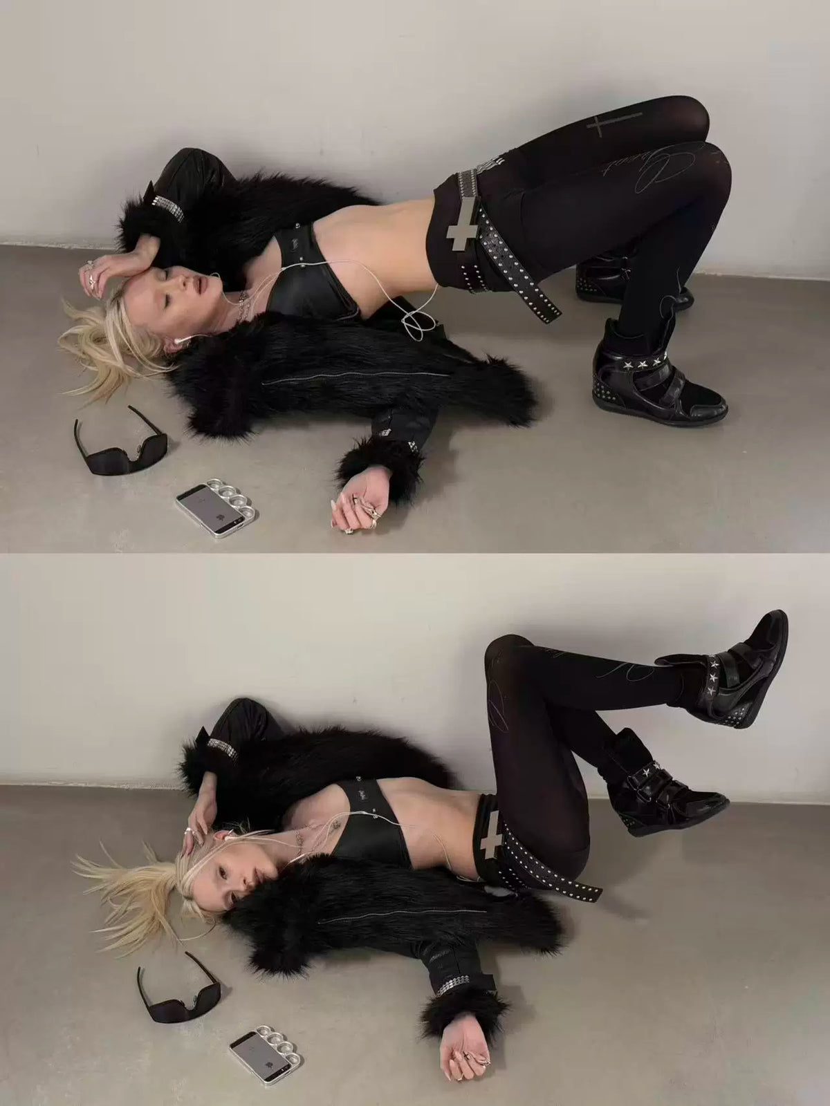 noEmosen Star Studded High-Top Wedge Sneakers - Black styled on model