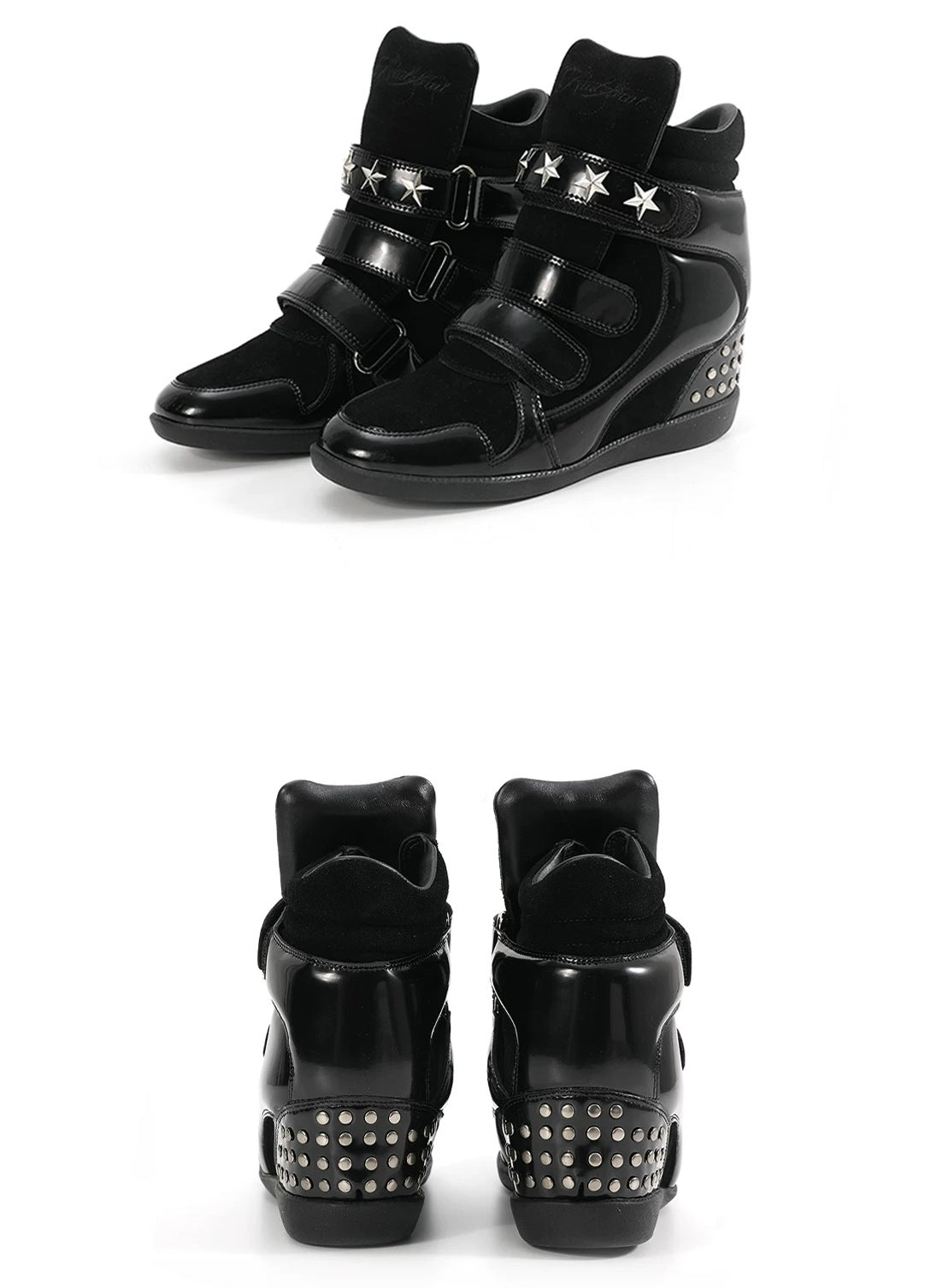 noEmosen Star Studded High-Top Wedge Sneakers - Black front and back view