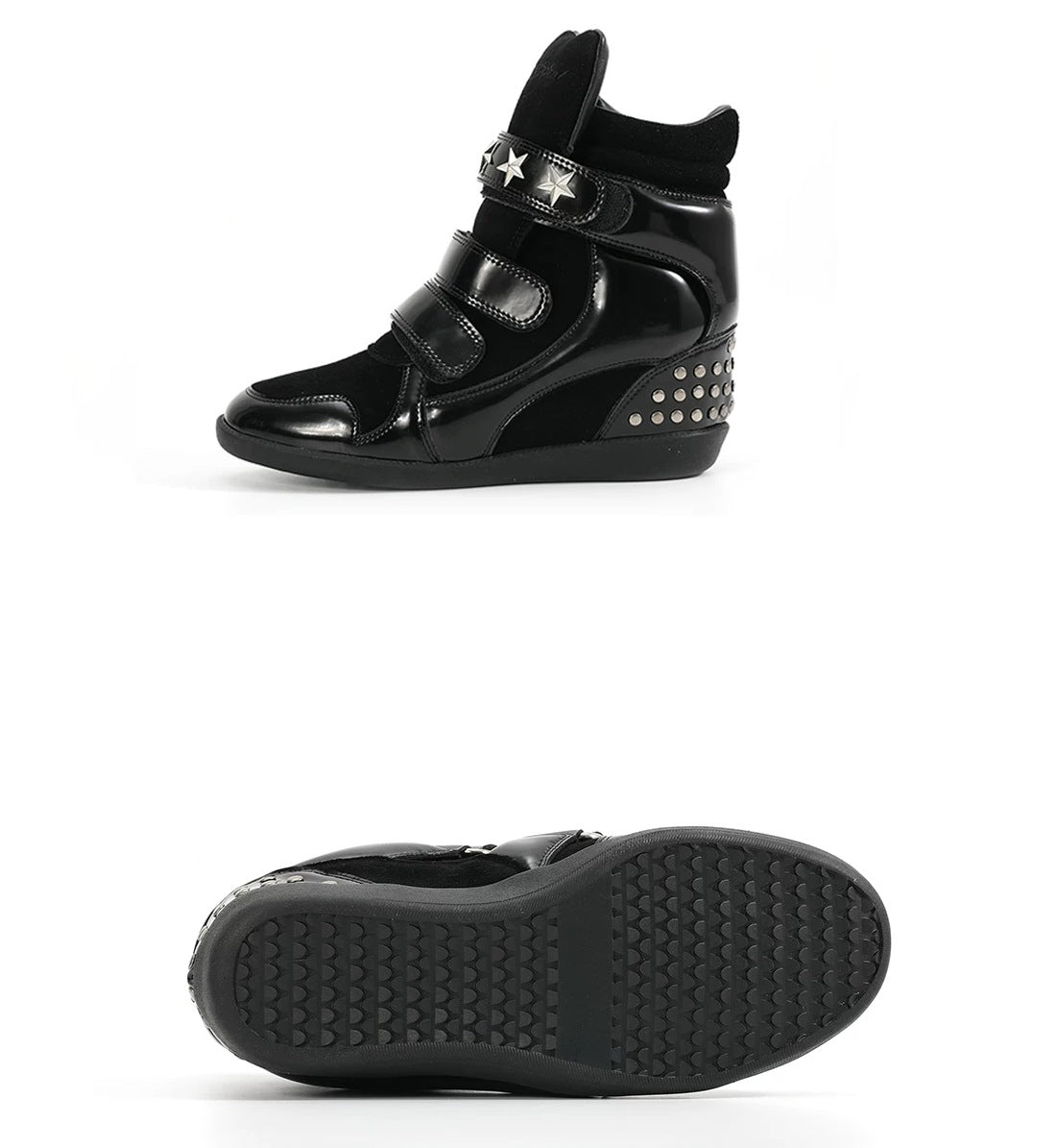 noEmosen Star Studded High-Top Wedge Sneakers - Black side view and outsole