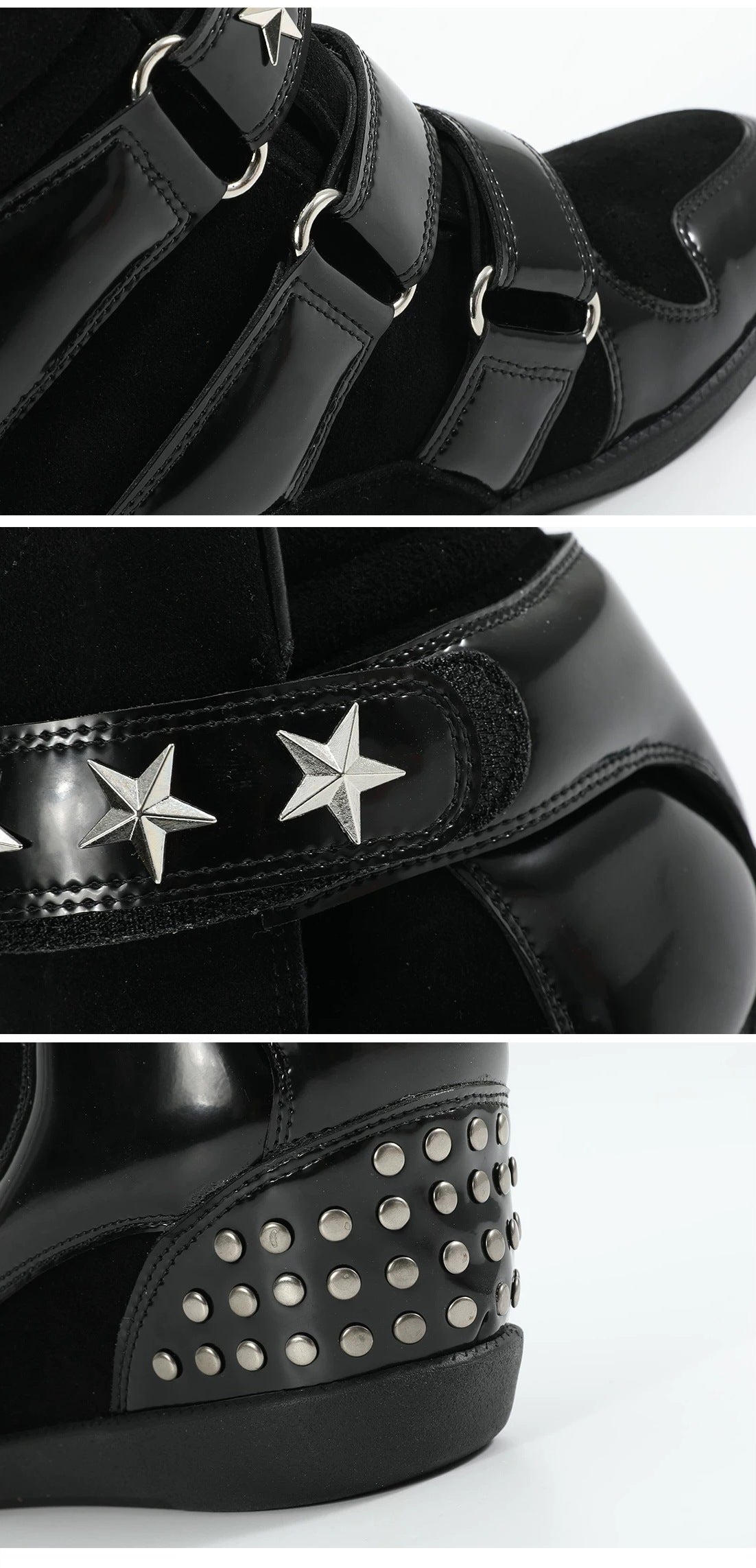 noEmosen Star Studded High-Top Wedge Sneakers - Black star strap and studded heel detail