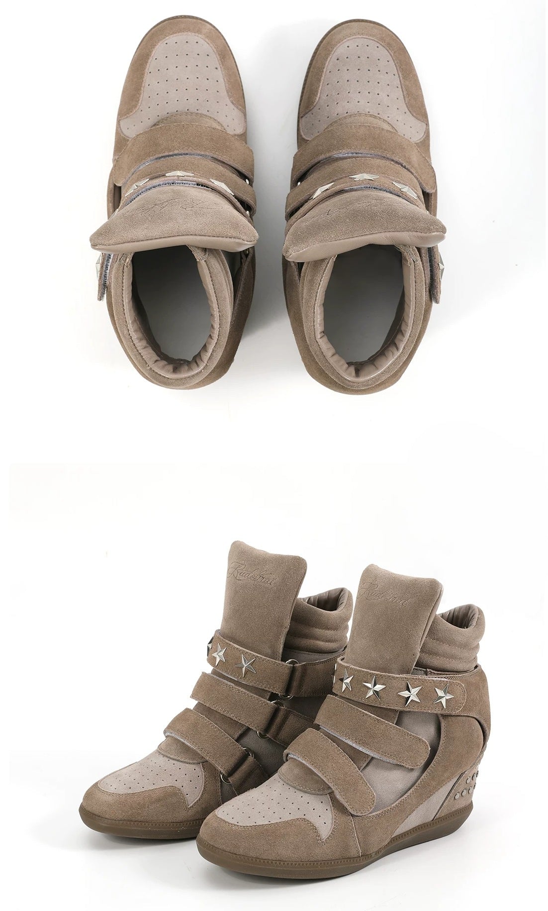 noEmosen Star Studded High-Top Wedge Sneakers - Brown suede top and front view