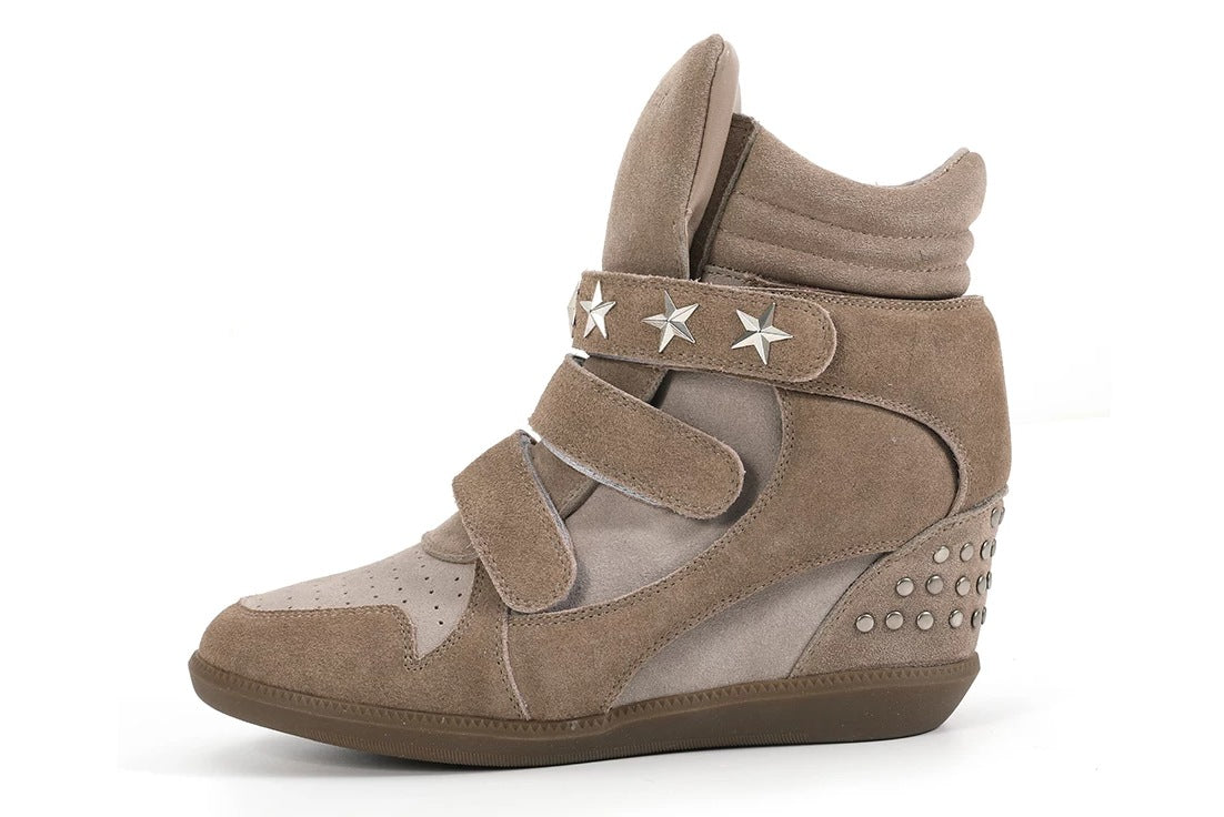 noEmosen Star Studded High-Top Wedge Sneakers - Brown suede side view
