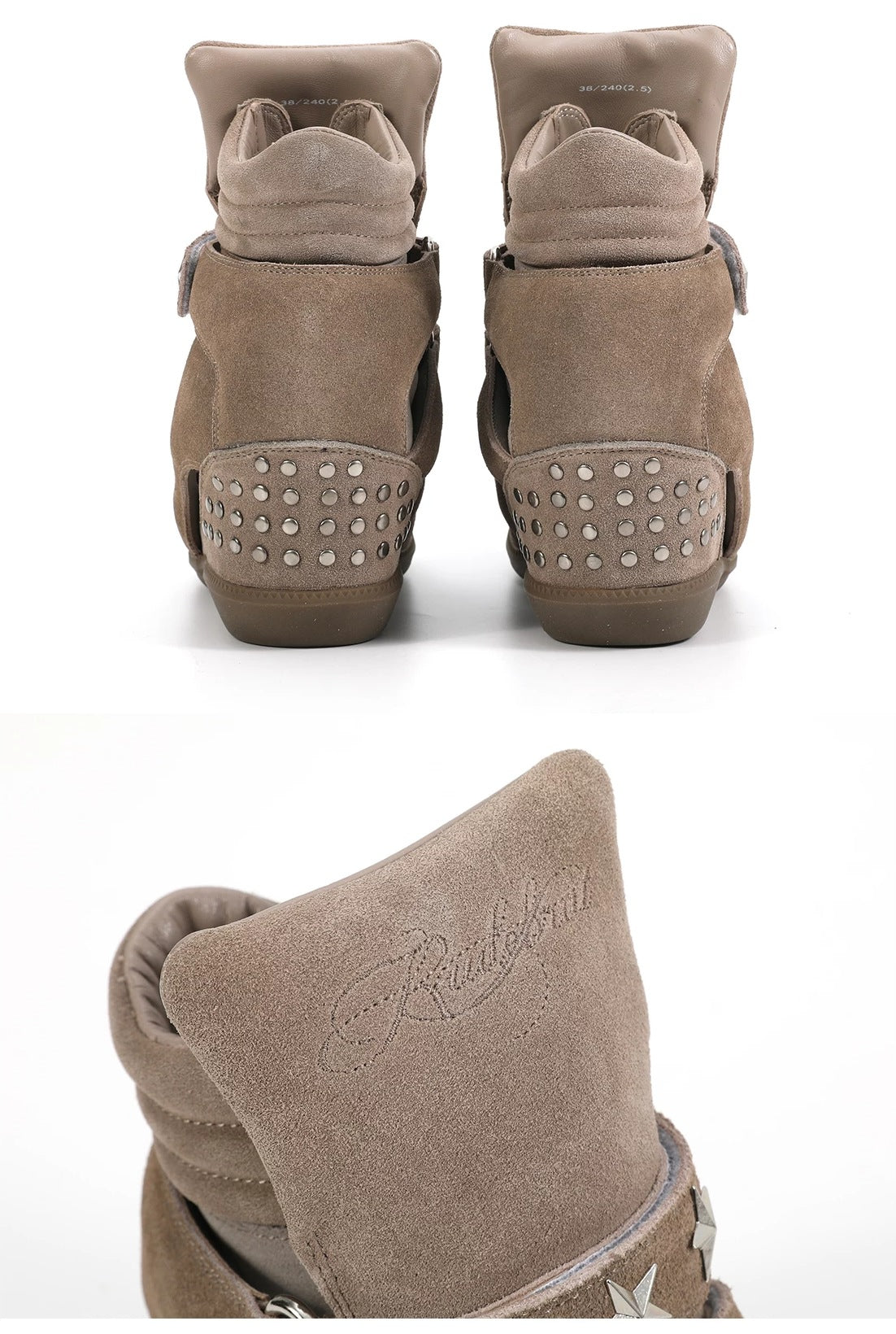 noEmosen Star Studded High-Top Wedge Sneakers - Brown suede back and tongue detail
