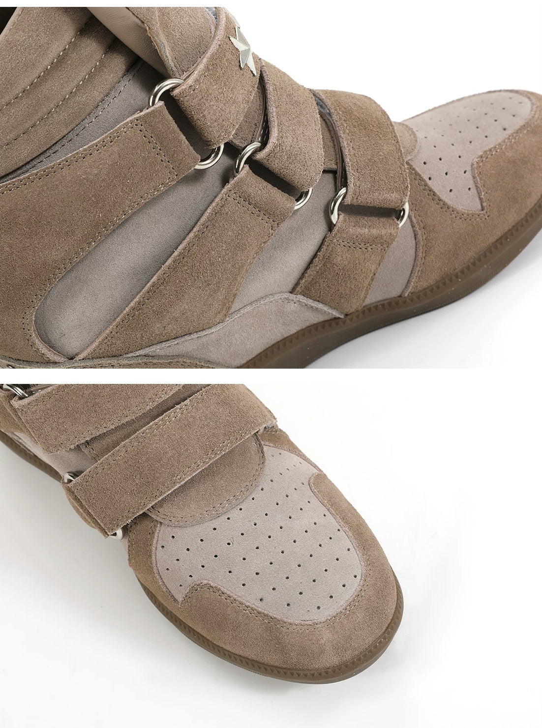 noEmosen Star Studded High-Top Wedge Sneakers - Brown suede strap and toe detail