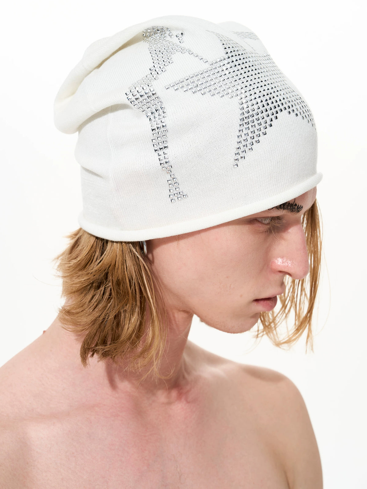 Rhinestone Star Pin-Up Beanie - White slouchy side