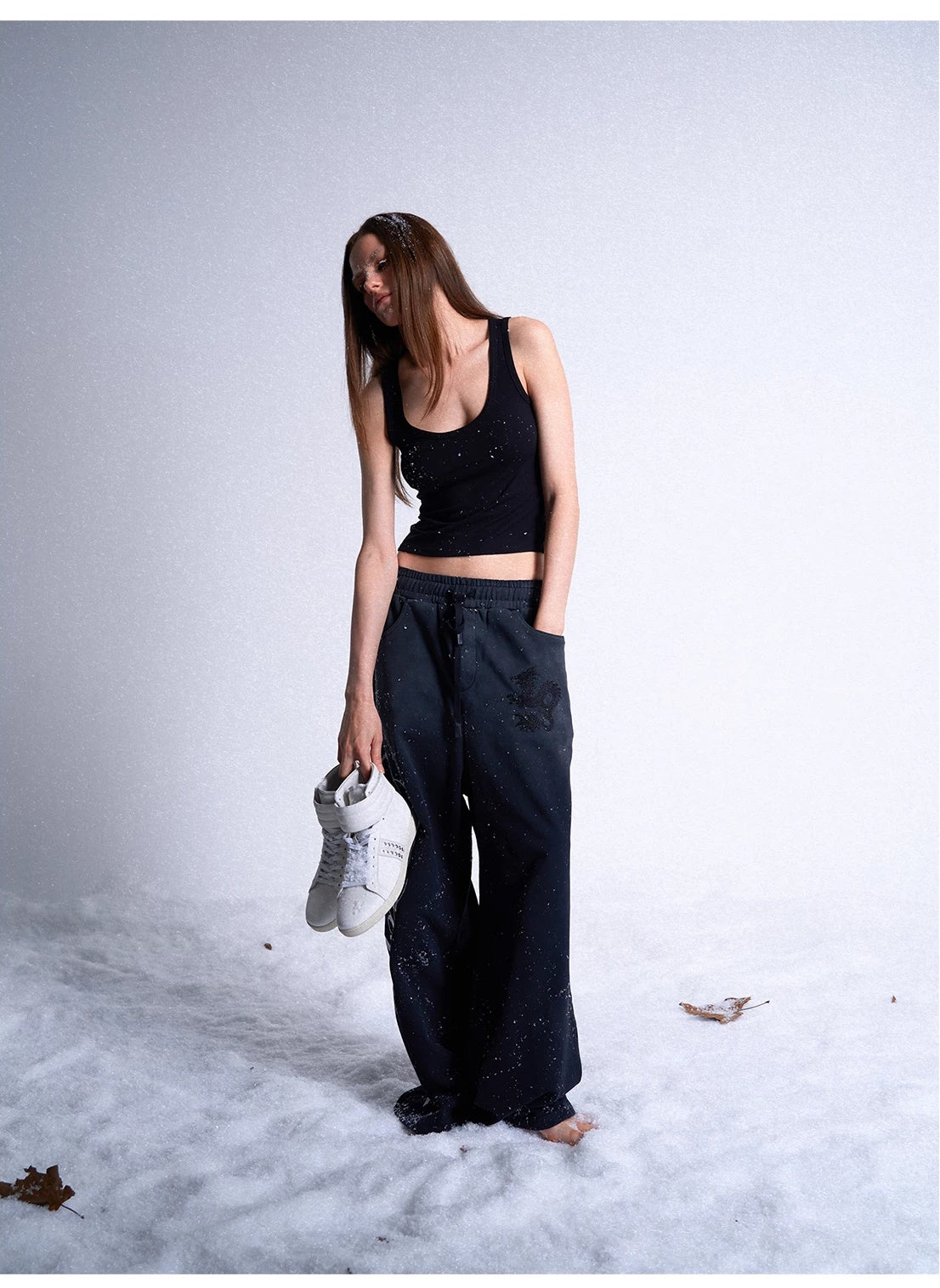 noEmosen Studded Leather High-Top Sneakers - White styled with wide-leg pants - lookbook