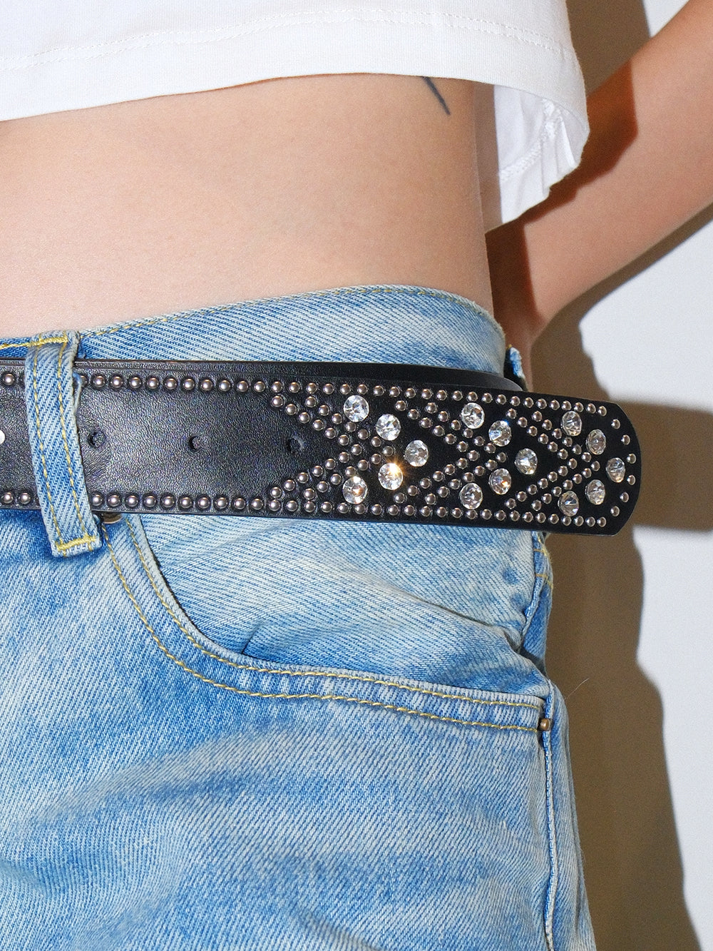 Rhinestone Studded Zinc Alloy Buckle Belt