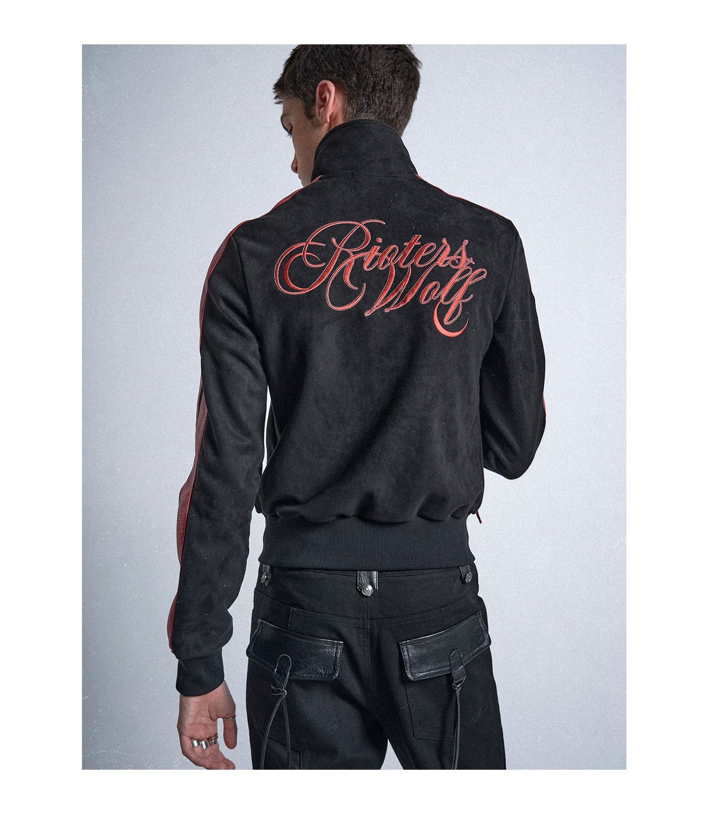 Black Red Patchwork Blood Wolf Suede Jacket