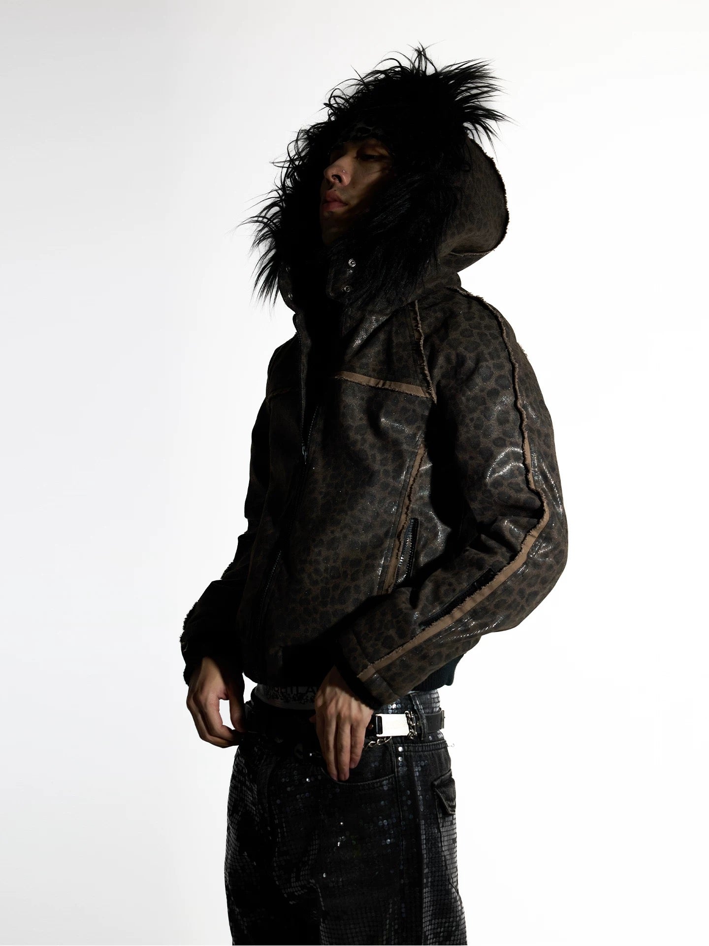 Night Lab 2026 Devil Sequin Leopard Jacket - Vintage Brown Woolen Slim Fit Grunge Coat