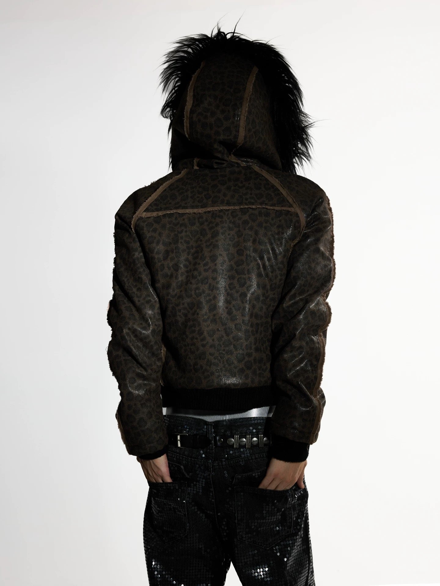 Night Lab 2026 Devil Sequin Leopard Jacket - Vintage Brown Woolen Slim Fit Grunge Coat