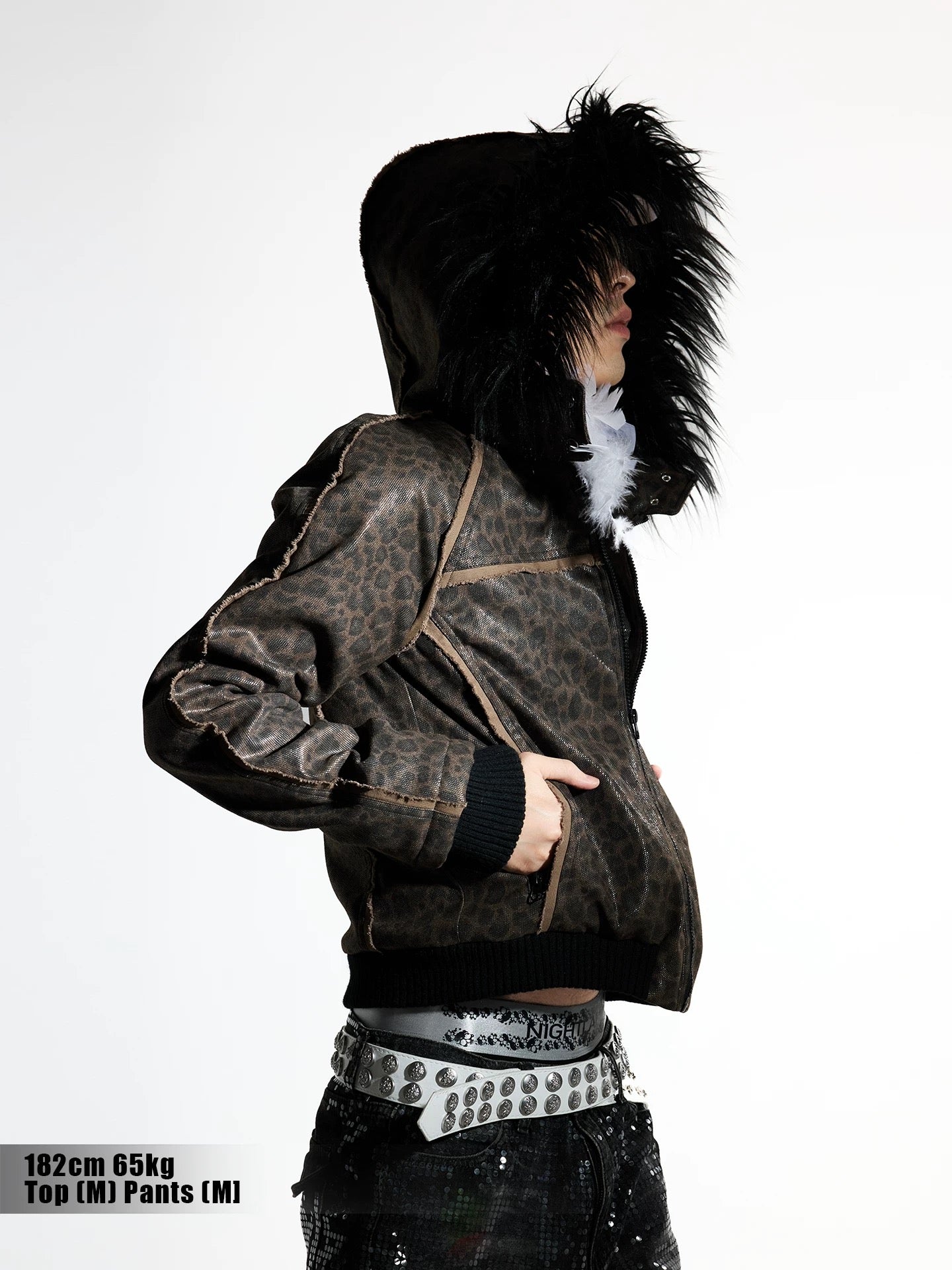 Night Lab 2026 Devil Sequin Leopard Jacket - Vintage Brown Woolen Slim Fit Grunge Coat