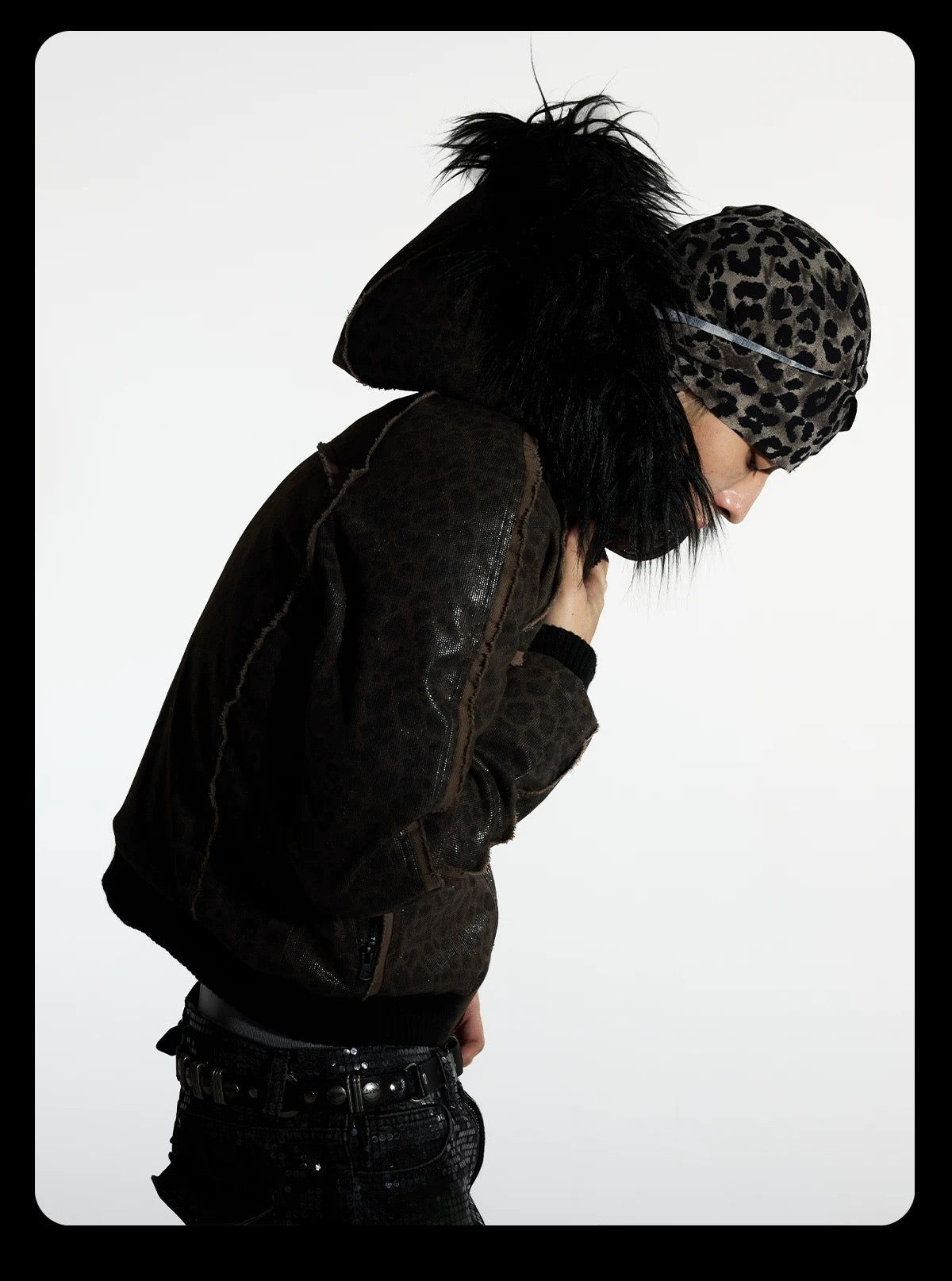 Night Lab 2026 Devil Sequin Leopard Jacket - Vintage Brown Woolen Slim Fit Grunge Coat