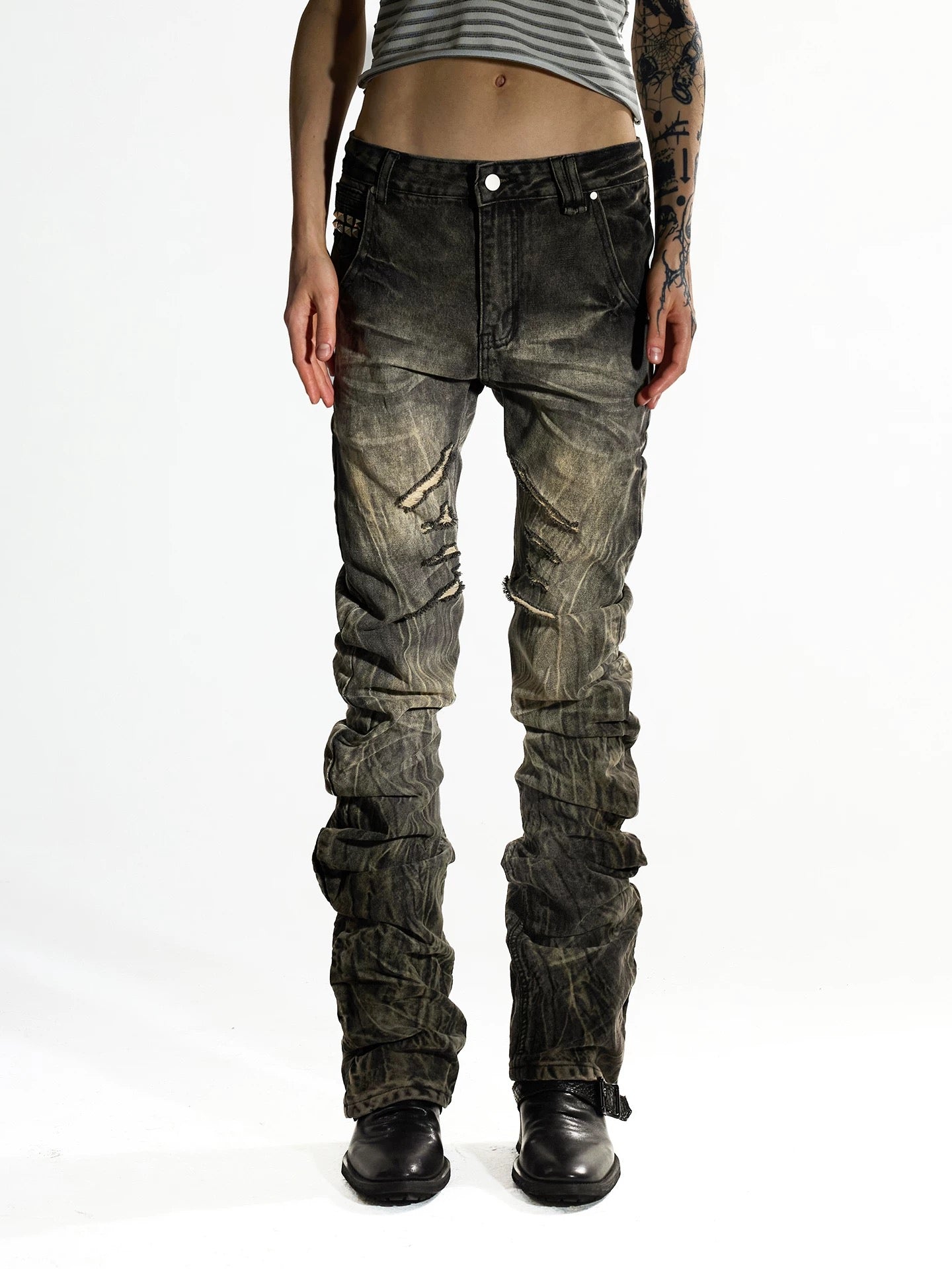 Night Lab 2026 "Banana Cut" Khaki Denim - Vintage Rock Aesthetic Slim Stacked Trousers