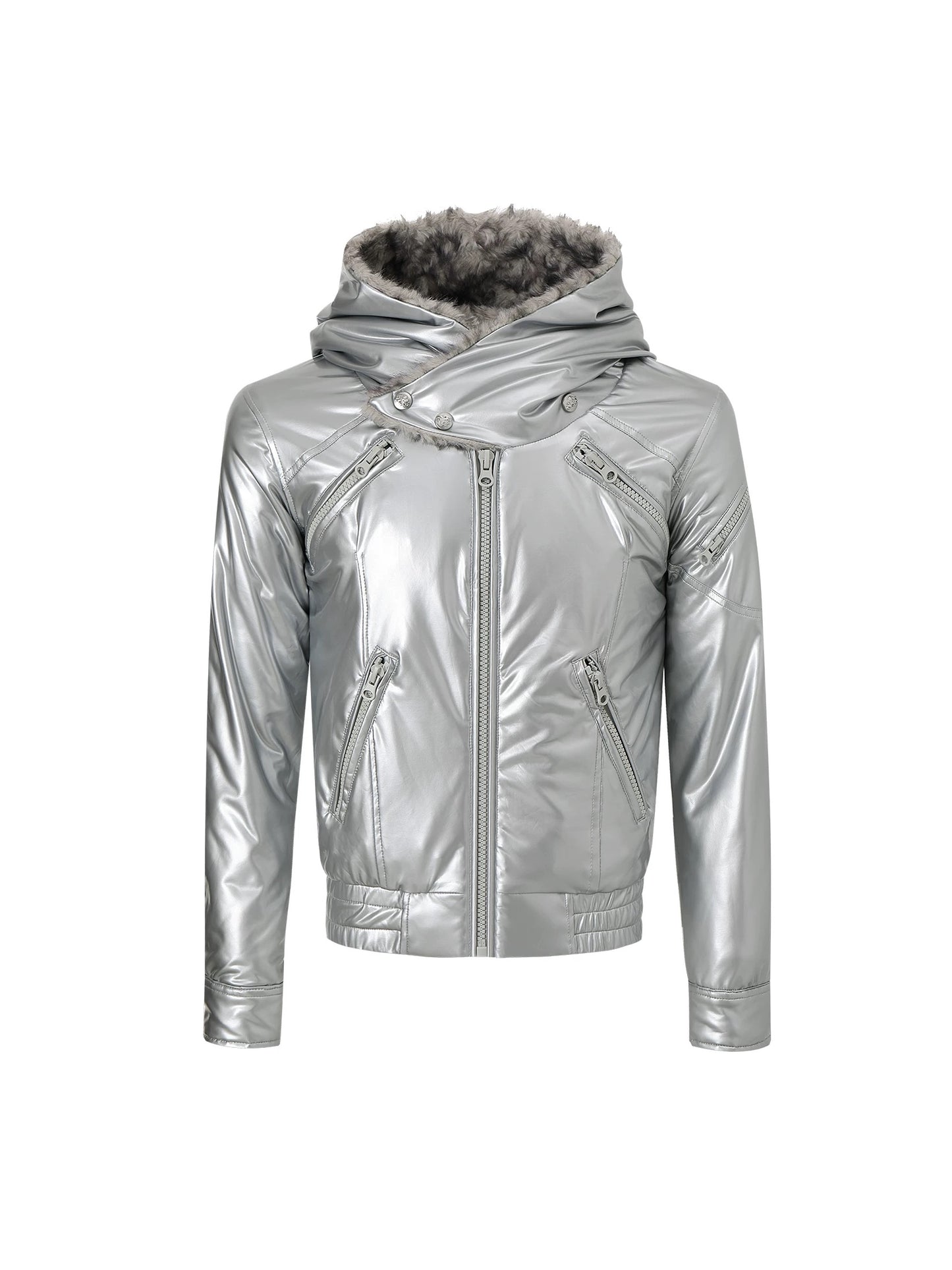 Metallic Silver "Devil" Bomber - Visual Kei High Collar Padded Jacket