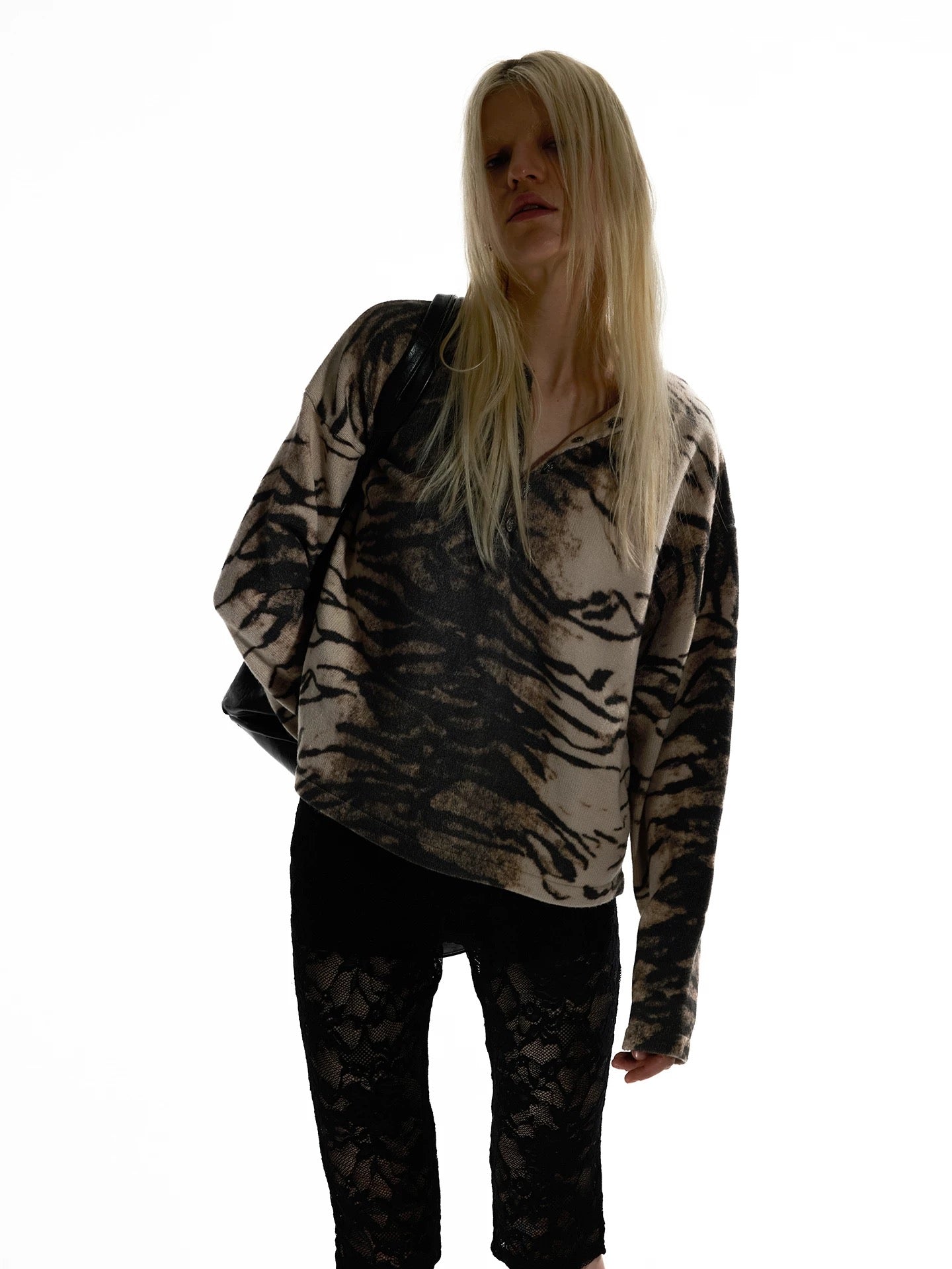 Night Lab Y2K Mixed Animal Print Henley Sweater - Retro 2000s Cropped Boxy Knitwear