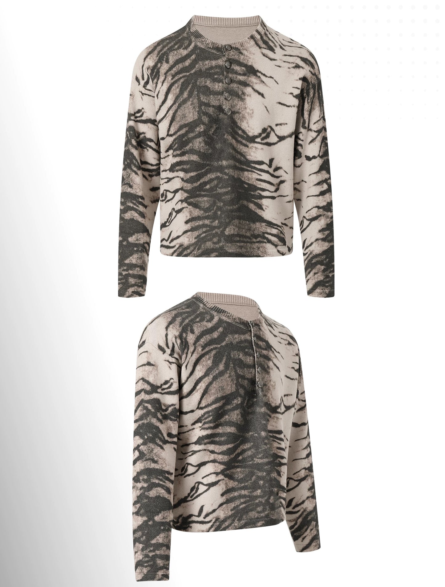 Night Lab Y2K Mixed Animal Print Henley Sweater - Retro 2000s Cropped Boxy Knitwear