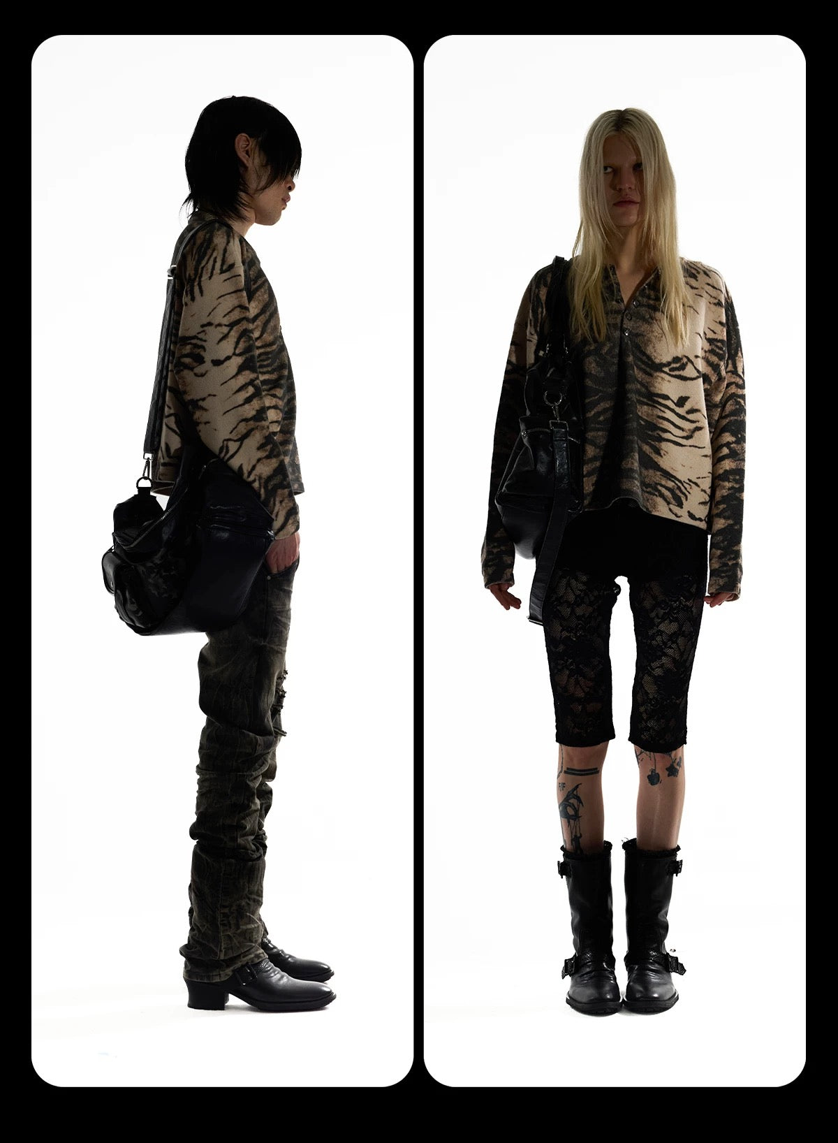 Night Lab Y2K Mixed Animal Print Henley Sweater - Retro 2000s Cropped Boxy Knitwear