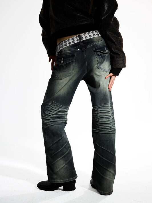 Ripple Wash Studded Jeans - Yellow-Green Contrast Whiskering Baggy Denim