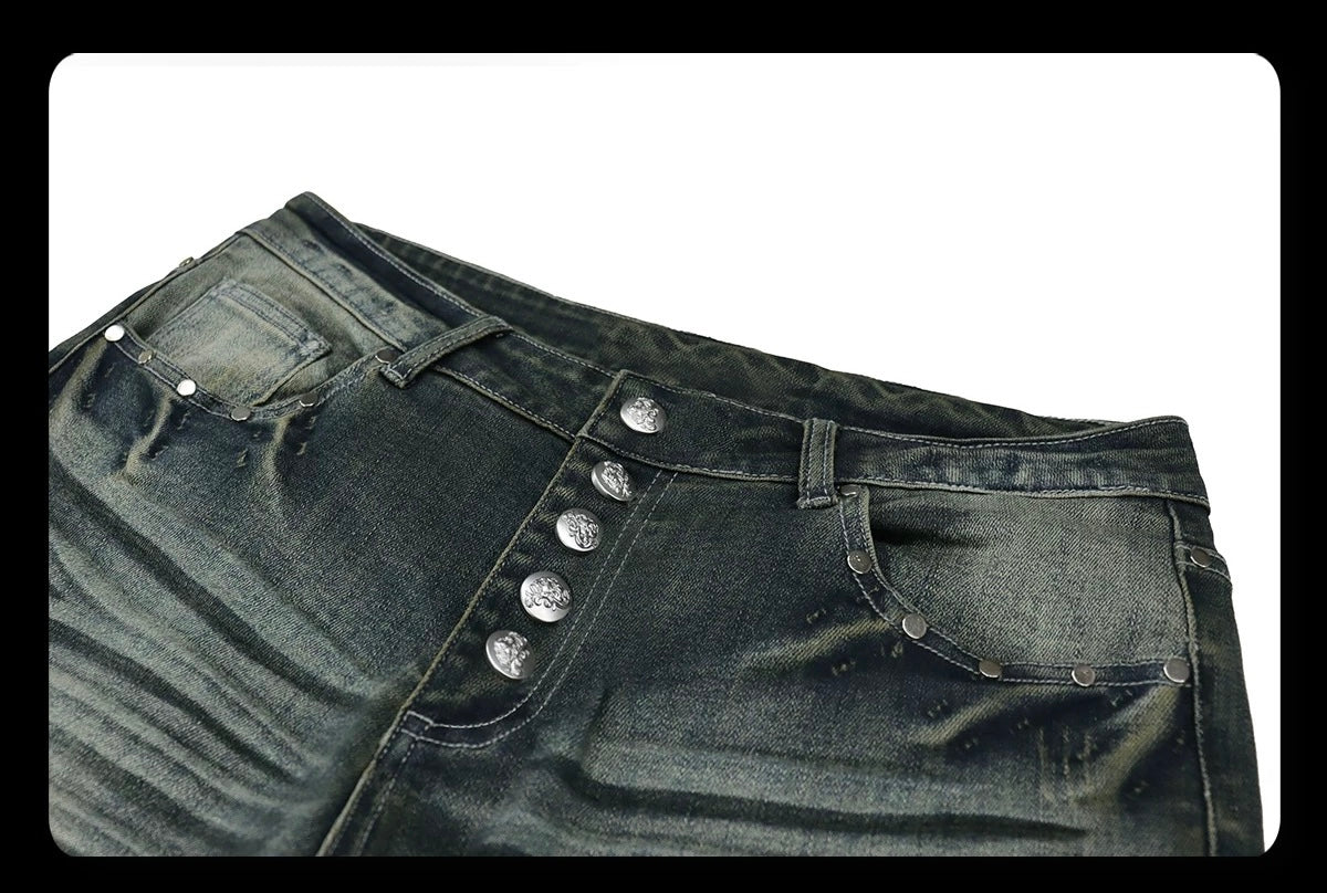 Ripple Wash Studded Jeans - Yellow-Green Contrast Whiskering Baggy Denim