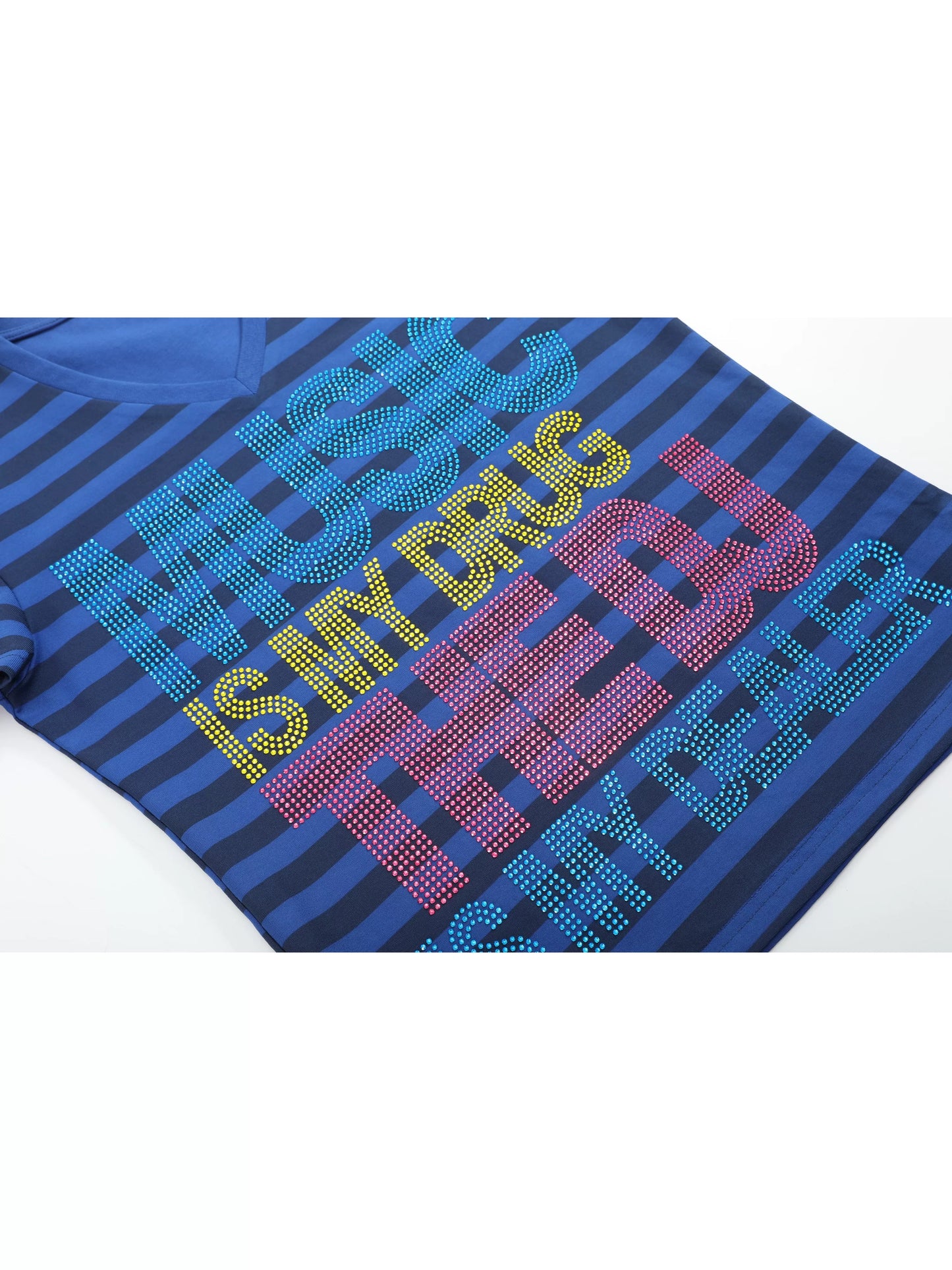 noE "MUSIC DRUG" Slogan Striped Tee - Vibrant Rhinestone Graphic Slim T-Shirt
