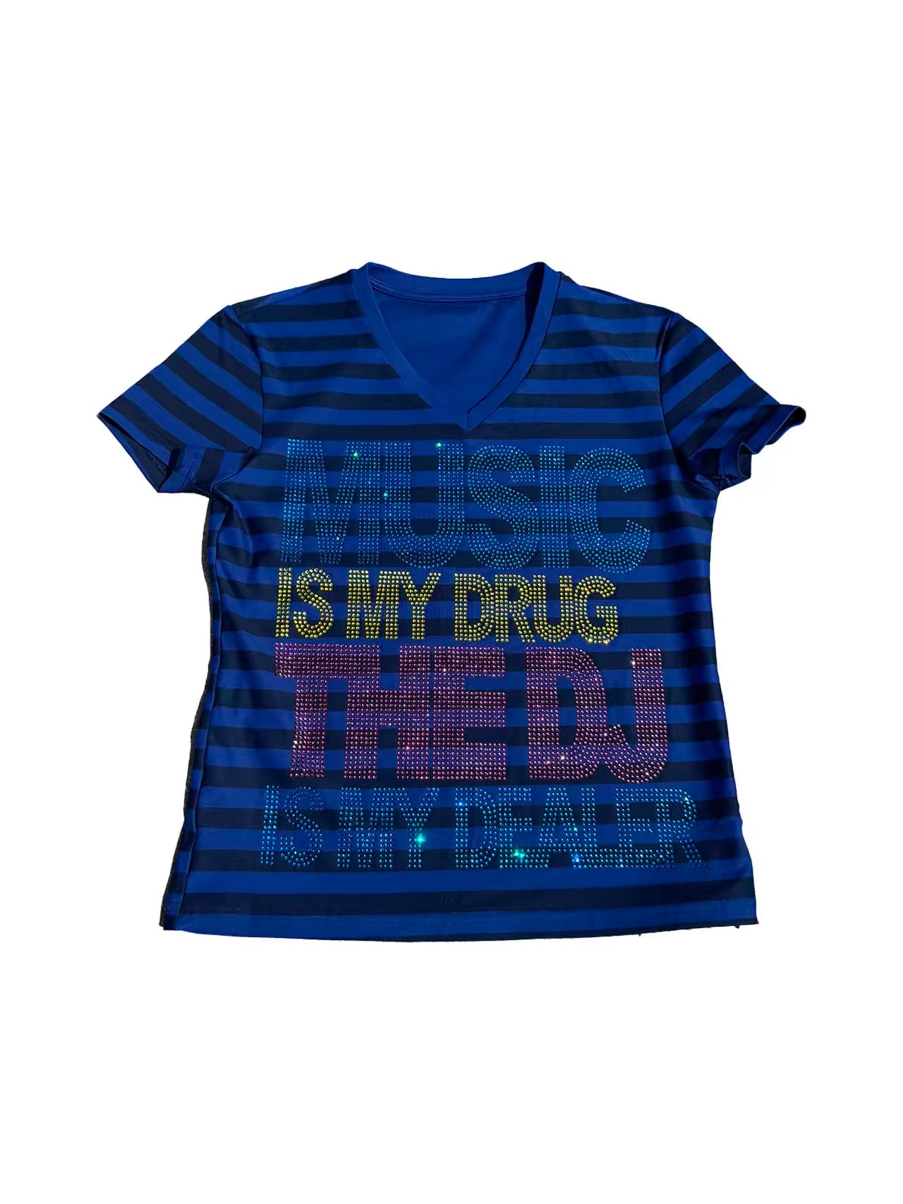 noE "MUSIC DRUG" Slogan Striped Tee - Vibrant Rhinestone Graphic Slim T-Shirt