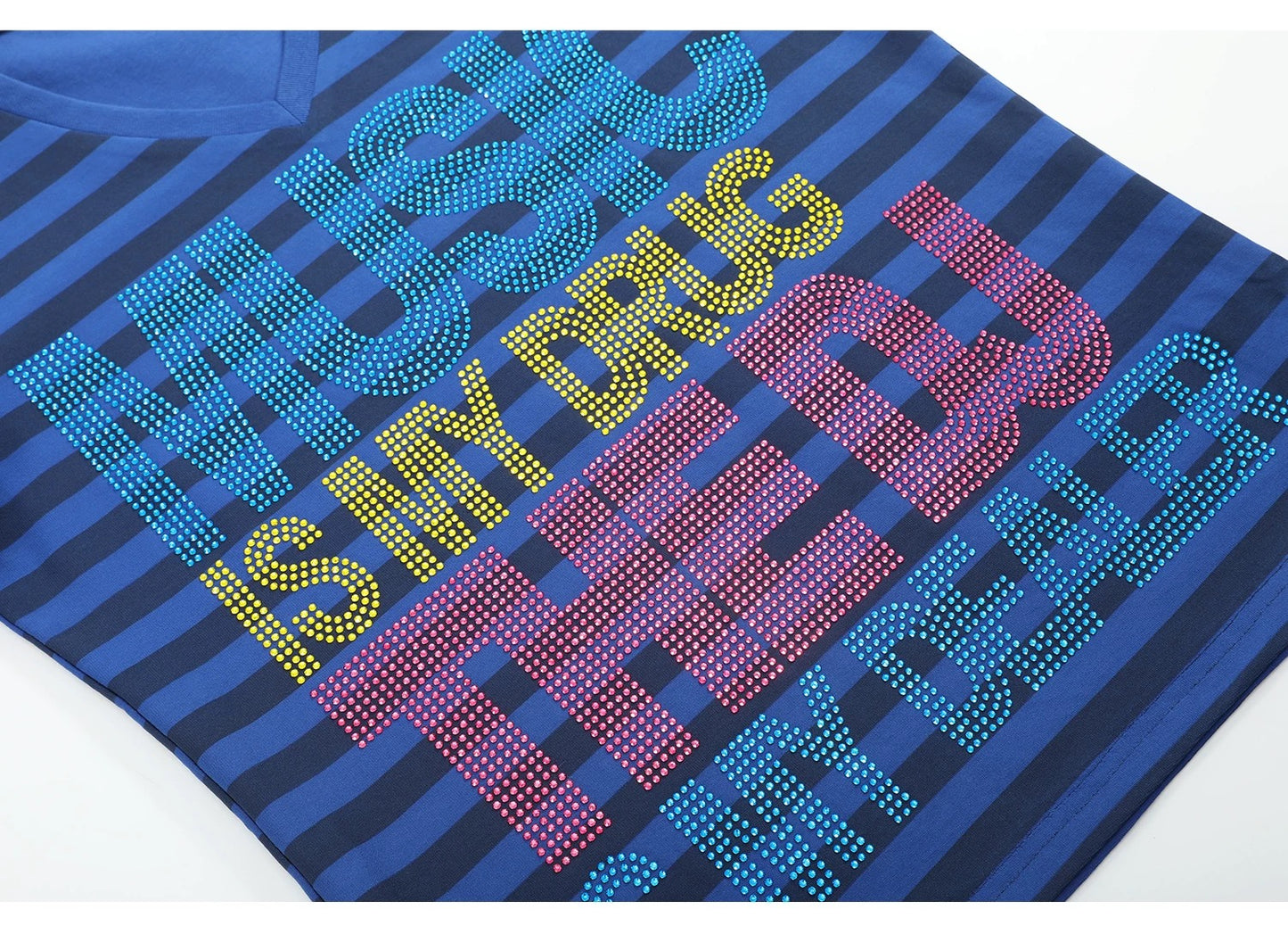 noE "MUSIC DRUG" Slogan Striped Tee - Vibrant Rhinestone Graphic Slim T-Shirt